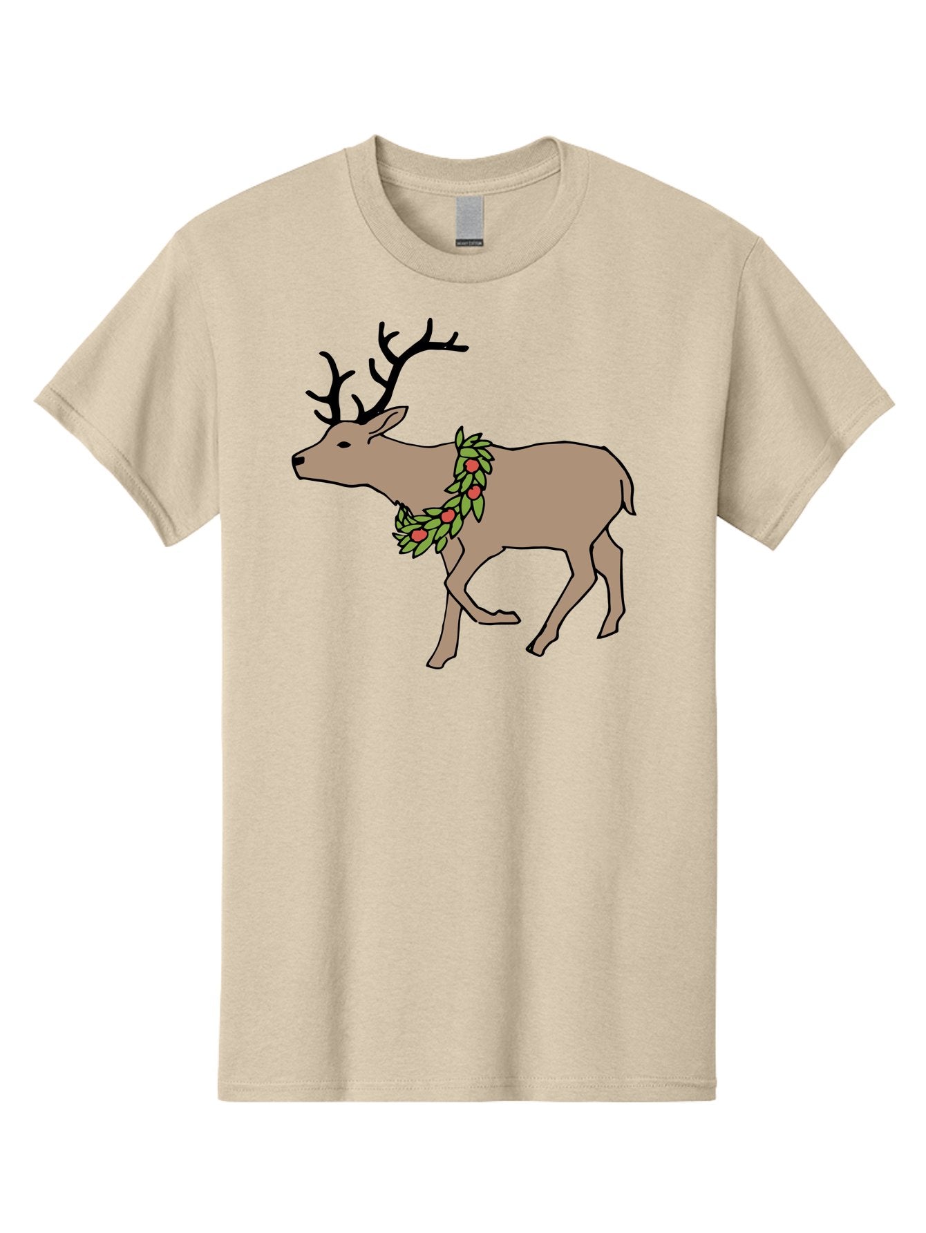Deer-With-Holly Men'S Graphic Tee, 100% Cotton, Comfortable Casual Summer Wear, Machine Washable, Reindeer With Holly Wreath, Festive Deer, Christmas Reindeer, Holly Berries, Winter Season, Holiday Graphics, Cartoon Deer -  Aaa852 15