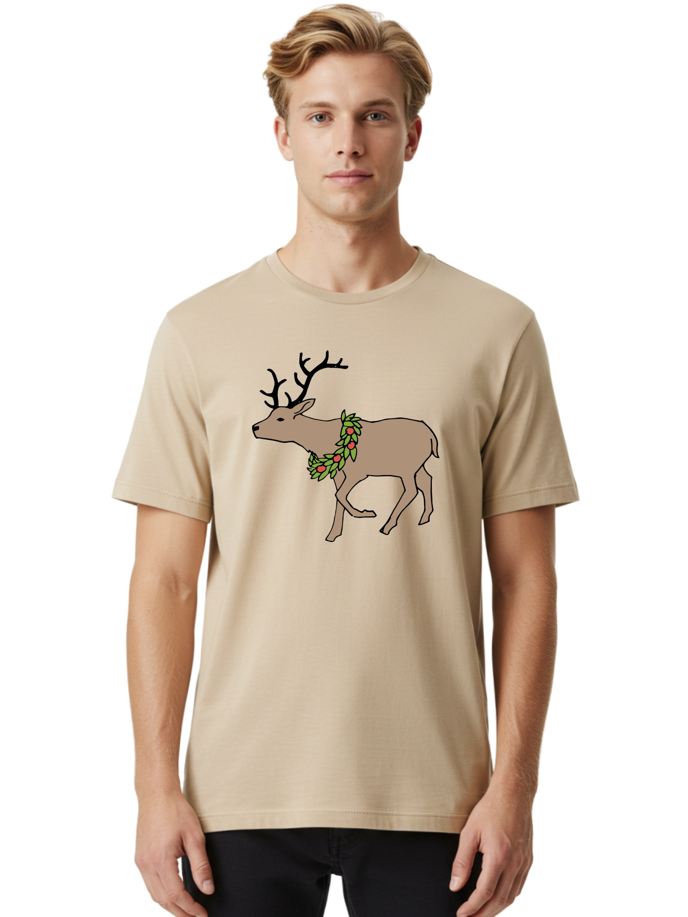Deer-With-Holly Men'S Graphic Tee, 100% Cotton, Comfortable Casual Summer Wear, Machine Washable, Reindeer With Holly Wreath, Festive Deer, Christmas Reindeer, Holly Berries, Winter Season, Holiday Graphics, Cartoon Deer -  Aaa852 4