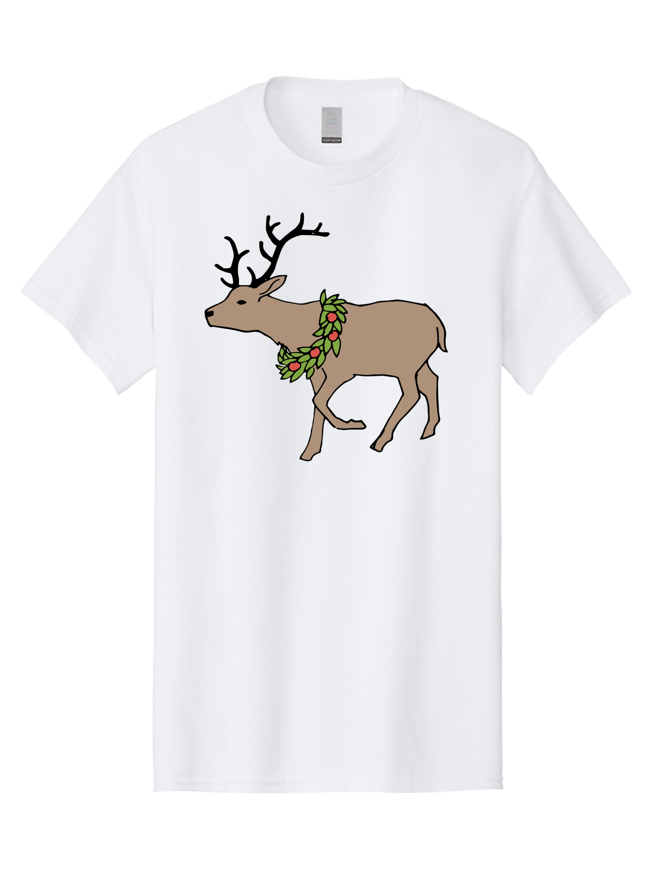 Deer-With-Holly Men'S Graphic Tee, 100% Cotton, Comfortable Casual Summer Wear, Machine Washable, Reindeer With Holly Wreath, Festive Deer, Christmas Reindeer, Holly Berries, Winter Season, Holiday Graphics, Cartoon Deer -  Aaa852 27