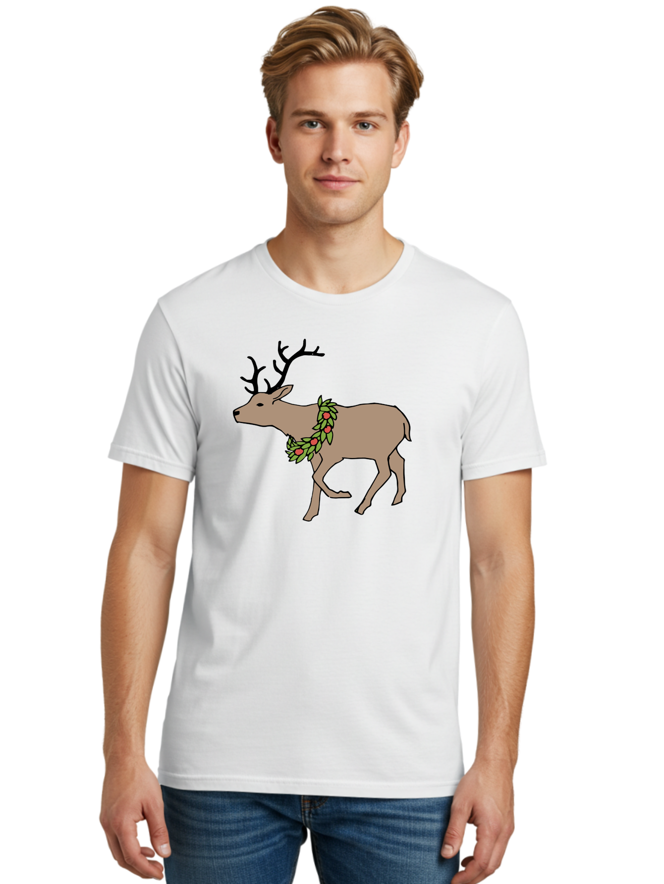 Deer-With-Holly Men'S Graphic Tee, 100% Cotton, Comfortable Casual Summer Wear, Machine Washable, Reindeer With Holly Wreath, Festive Deer, Christmas Reindeer, Holly Berries, Winter Season, Holiday Graphics, Cartoon Deer -  Aaa852 28