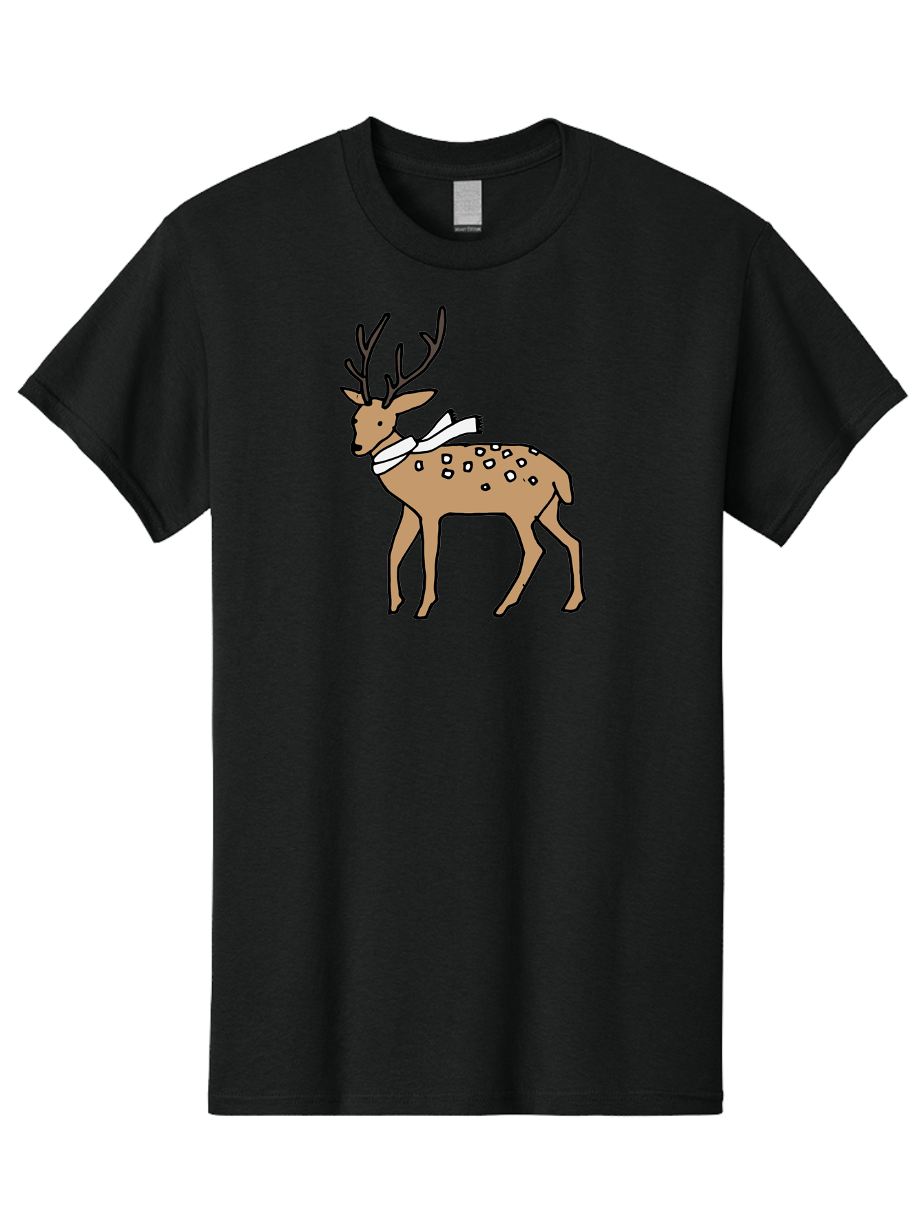 Deer-With-Scarf Men'S Graphic Tee, 100% Cotton, Comfortable Casual Summer Wear, Machine Washable, Cartoon Deer, Brown Deer, White Scarf, Black Spots, Festive Animal, Winter Illustration, Holiday Character, Deer Illustration, Scarf Wrapped, -  Aaa853