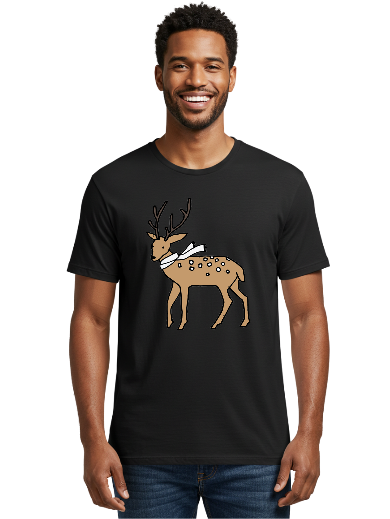 Deer-With-Scarf Men'S Graphic Tee, 100% Cotton, Comfortable Casual Summer Wear, Machine Washable, Cartoon Deer, Brown Deer, White Scarf, Black Spots, Festive Animal, Winter Illustration, Holiday Character, Deer Illustration, Scarf Wrapped, -  Aaa853