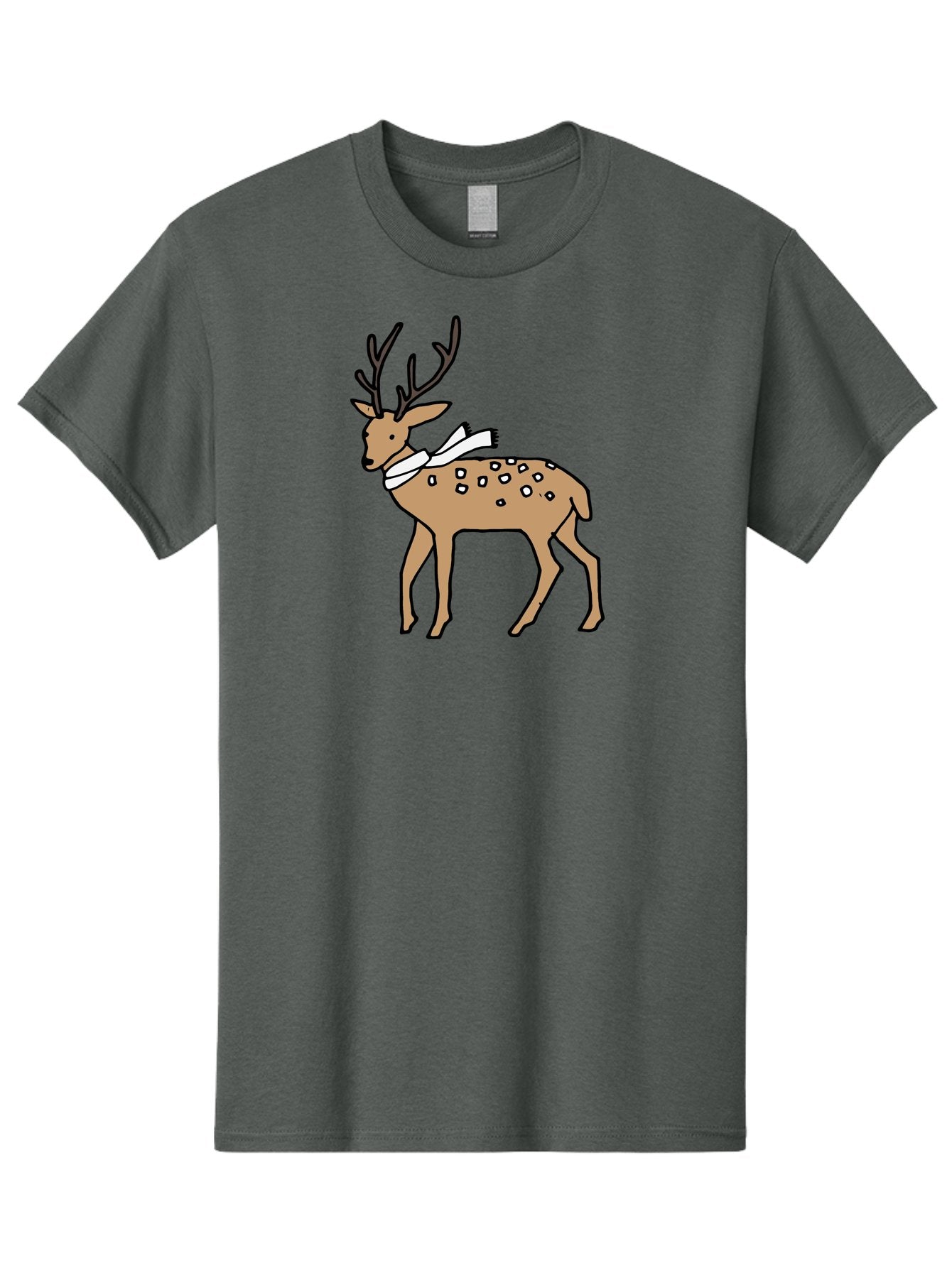 Deer-With-Scarf Men'S Graphic Tee, 100% Cotton, Comfortable Casual Summer Wear, Machine Washable, Cartoon Deer, Brown Deer, White Scarf, Black Spots, Festive Animal, Winter Illustration, Holiday Character, Deer Illustration, Scarf Wrapped, -  Aaa853 13