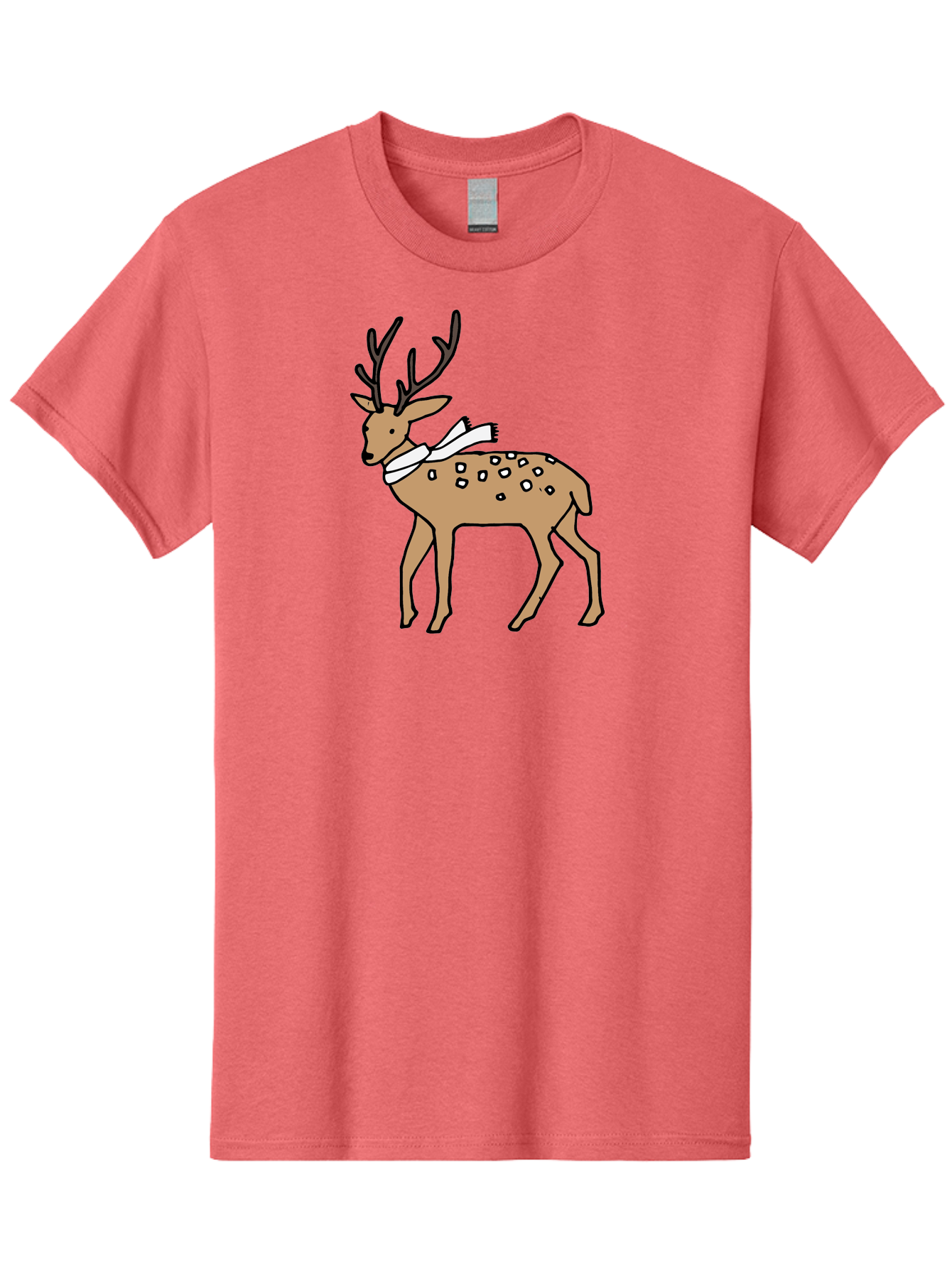 Deer-With-Scarf Men'S Graphic Tee, 100% Cotton, Comfortable Casual Summer Wear, Machine Washable, Cartoon Deer, Brown Deer, White Scarf, Black Spots, Festive Animal, Winter Illustration, Holiday Character, Deer Illustration, Scarf Wrapped, -  Aaa853 5
