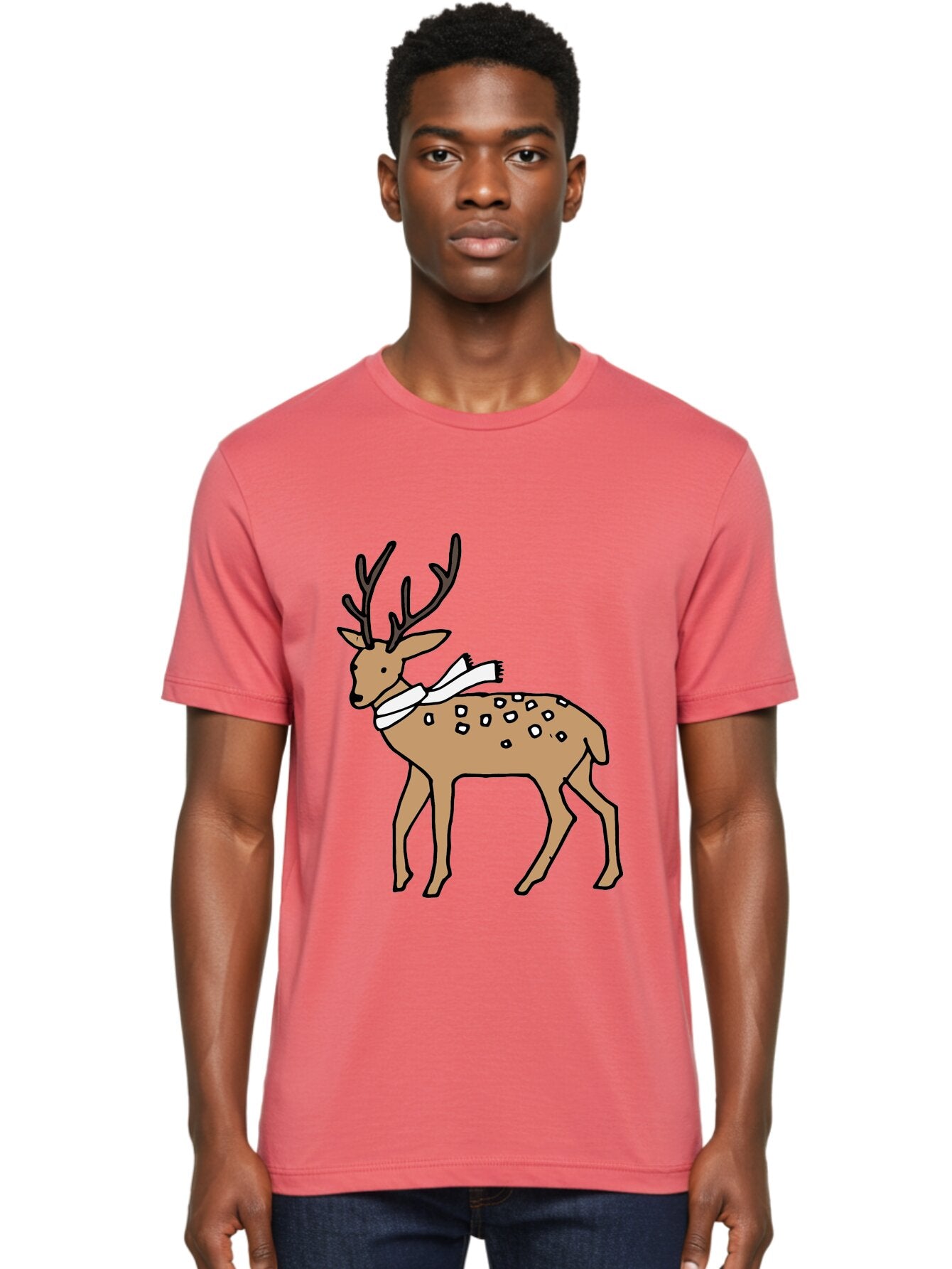 Deer-With-Scarf Men'S Graphic Tee, 100% Cotton, Comfortable Casual Summer Wear, Machine Washable, Cartoon Deer, Brown Deer, White Scarf, Black Spots, Festive Animal, Winter Illustration, Holiday Character, Deer Illustration, Scarf Wrapped, -  Aaa853 30
