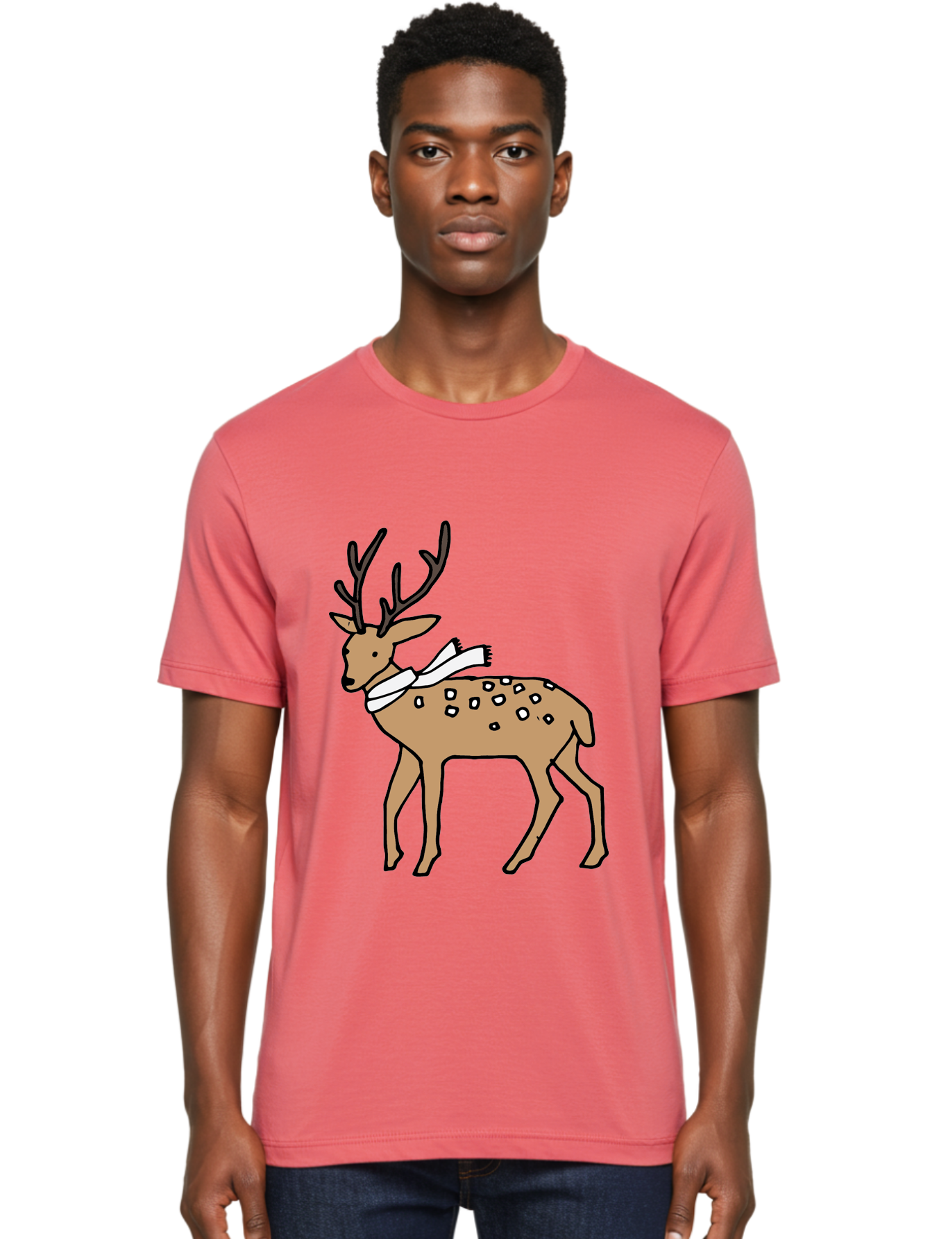 Deer-With-Scarf Men'S Graphic Tee, 100% Cotton, Comfortable Casual Summer Wear, Machine Washable, Cartoon Deer, Brown Deer, White Scarf, Black Spots, Festive Animal, Winter Illustration, Holiday Character, Deer Illustration, Scarf Wrapped, -  Aaa853 6