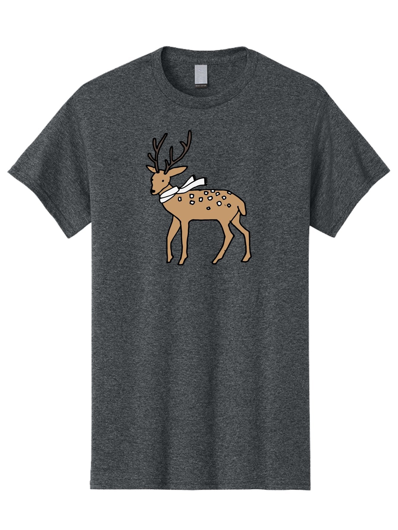 Deer-With-Scarf Men'S Graphic Tee, 100% Cotton, Comfortable Casual Summer Wear, Machine Washable, Cartoon Deer, Brown Deer, White Scarf, Black Spots, Festive Animal, Winter Illustration, Holiday Character, Deer Illustration, Scarf Wrapped, -  Aaa853 8