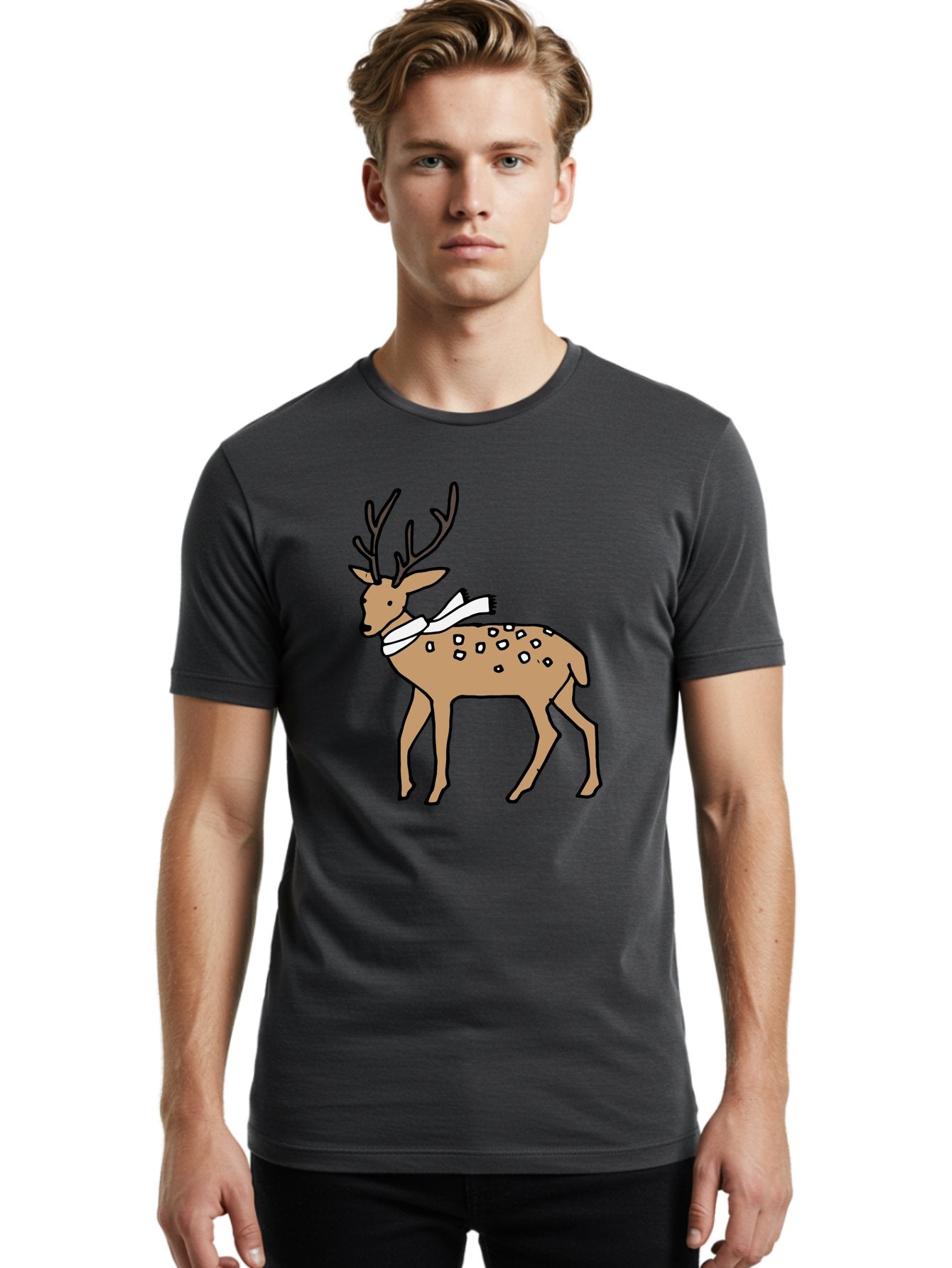 Deer-With-Scarf Men'S Graphic Tee, 100% Cotton, Comfortable Casual Summer Wear, Machine Washable, Cartoon Deer, Brown Deer, White Scarf, Black Spots, Festive Animal, Winter Illustration, Holiday Character, Deer Illustration, Scarf Wrapped, -  Aaa853 25