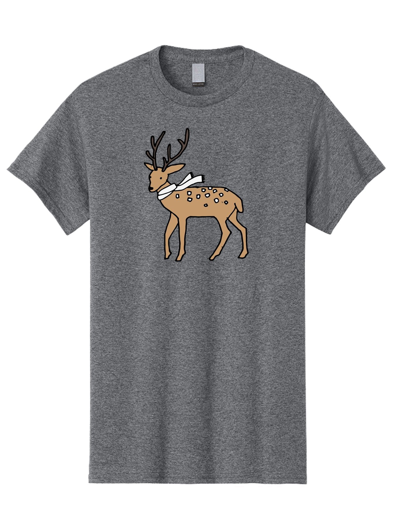 Deer-With-Scarf Men'S Graphic Tee, 100% Cotton, Comfortable Casual Summer Wear, Machine Washable, Cartoon Deer, Brown Deer, White Scarf, Black Spots, Festive Animal, Winter Illustration, Holiday Character, Deer Illustration, Scarf Wrapped, -  Aaa853