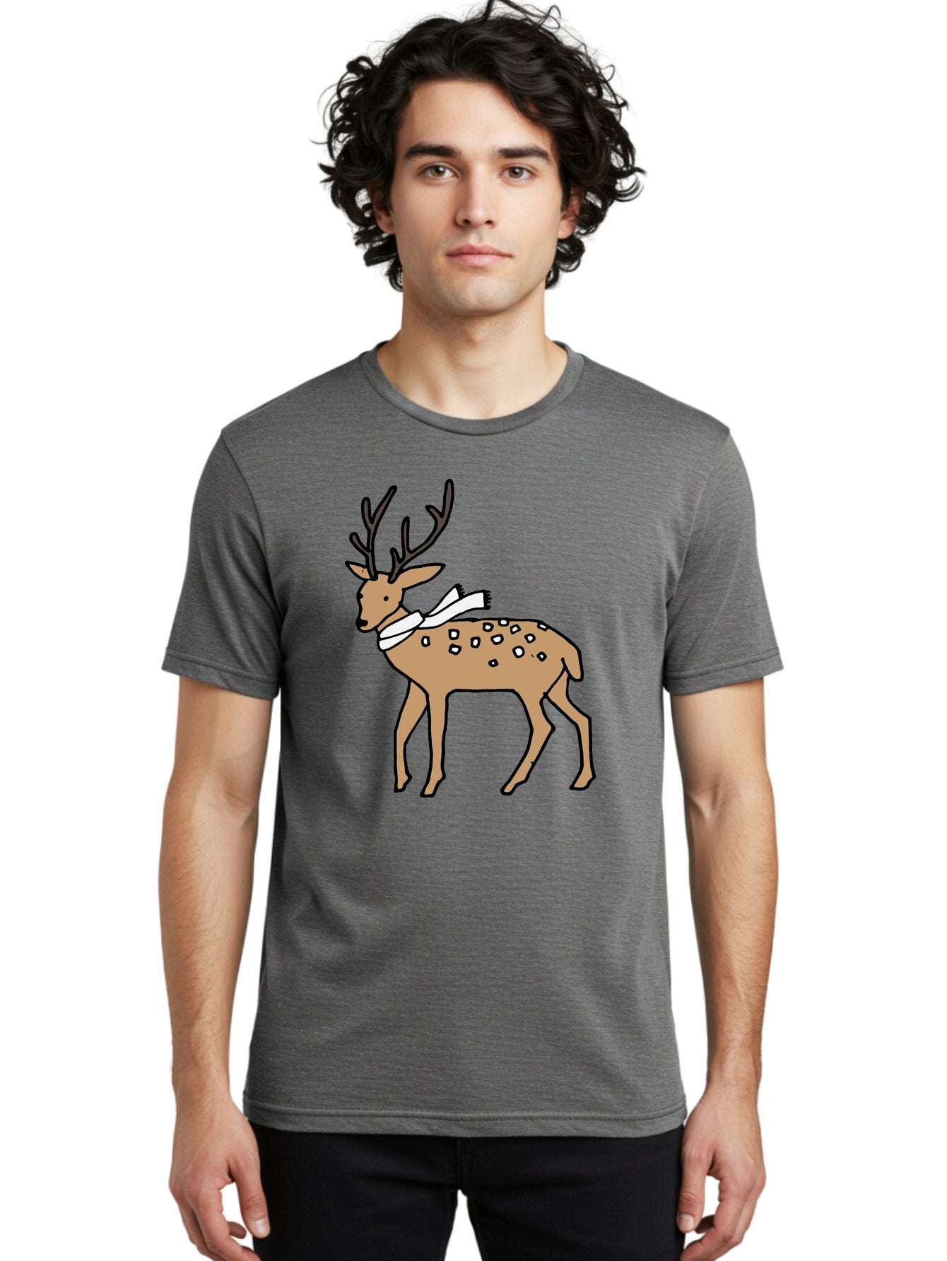 Deer-With-Scarf Men'S Graphic Tee, 100% Cotton, Comfortable Casual Summer Wear, Machine Washable, Cartoon Deer, Brown Deer, White Scarf, Black Spots, Festive Animal, Winter Illustration, Holiday Character, Deer Illustration, Scarf Wrapped, -  Aaa853 19
