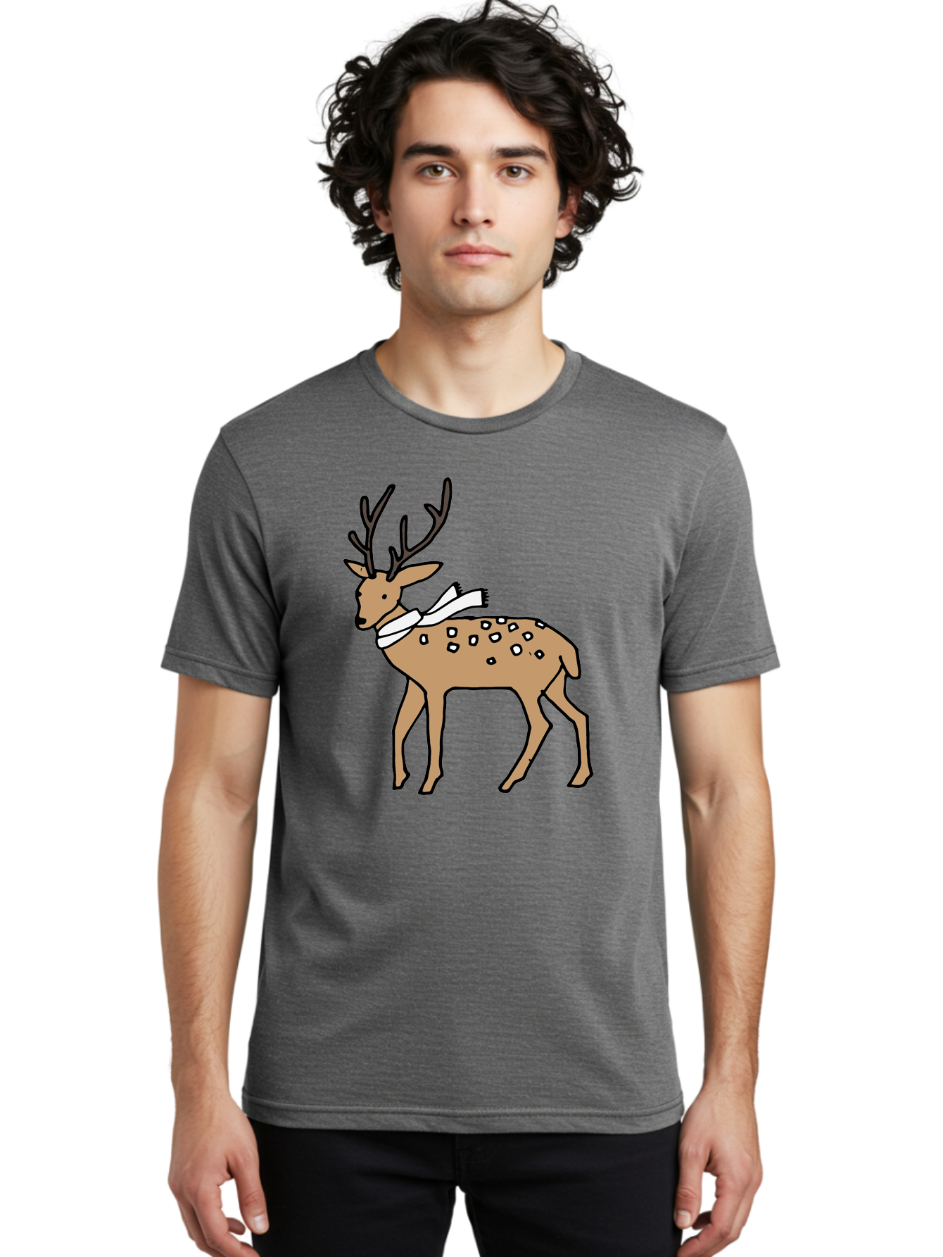 Deer-With-Scarf Men'S Graphic Tee, 100% Cotton, Comfortable Casual Summer Wear, Machine Washable, Cartoon Deer, Brown Deer, White Scarf, Black Spots, Festive Animal, Winter Illustration, Holiday Character, Deer Illustration, Scarf Wrapped, -  Aaa853 10