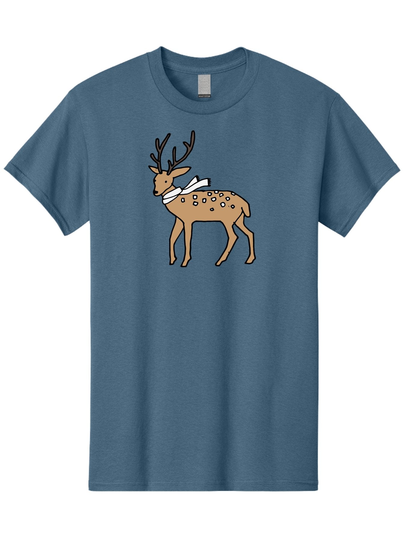 Deer-With-Scarf Men'S Graphic Tee, 100% Cotton, Comfortable Casual Summer Wear, Machine Washable, Cartoon Deer, Brown Deer, White Scarf, Black Spots, Festive Animal, Winter Illustration, Holiday Character, Deer Illustration, Scarf Wrapped, -  Aaa853