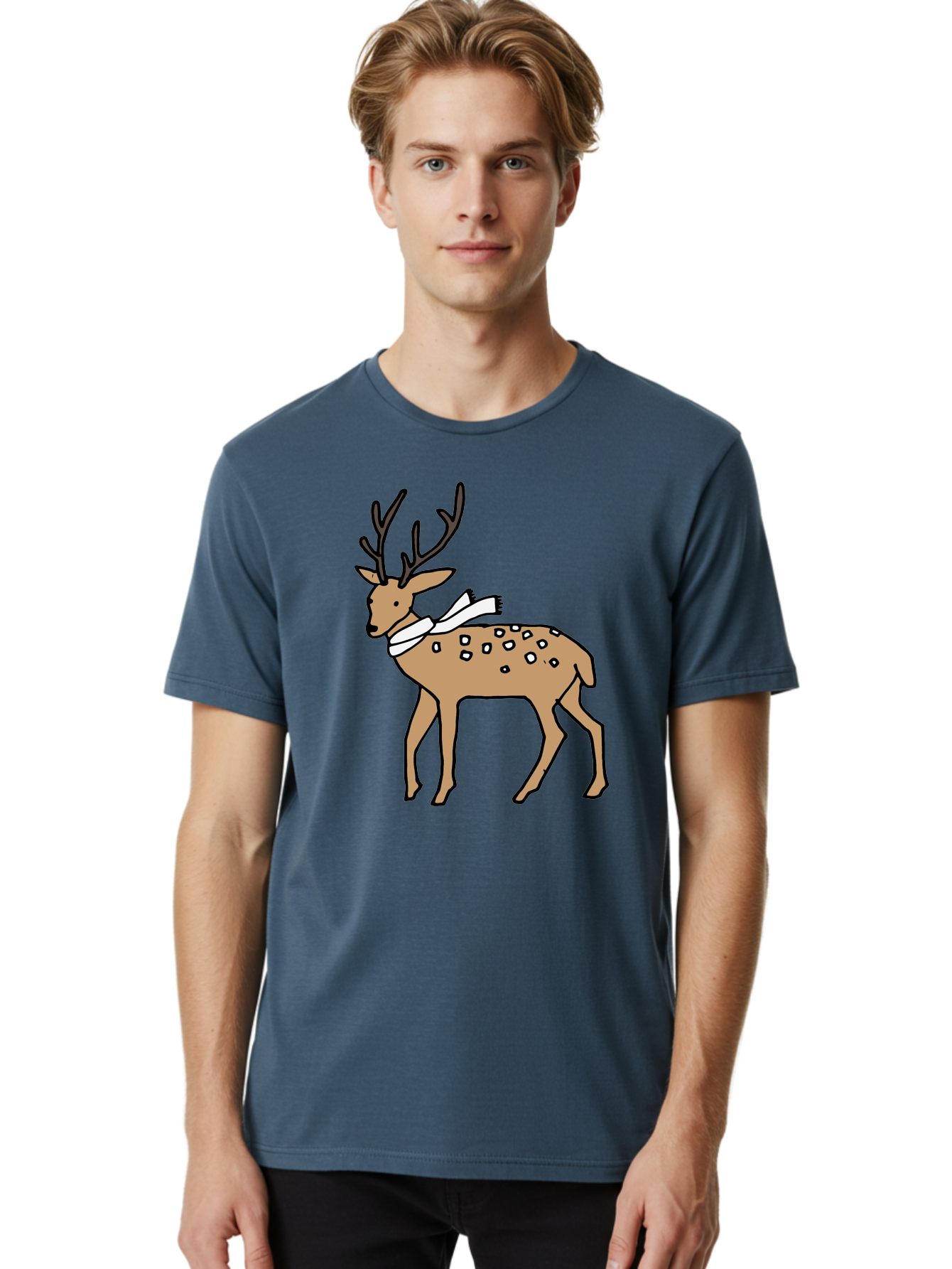 Deer-With-Scarf Men'S Graphic Tee, 100% Cotton, Comfortable Casual Summer Wear, Machine Washable, Cartoon Deer, Brown Deer, White Scarf, Black Spots, Festive Animal, Winter Illustration, Holiday Character, Deer Illustration, Scarf Wrapped, -  Aaa853 12