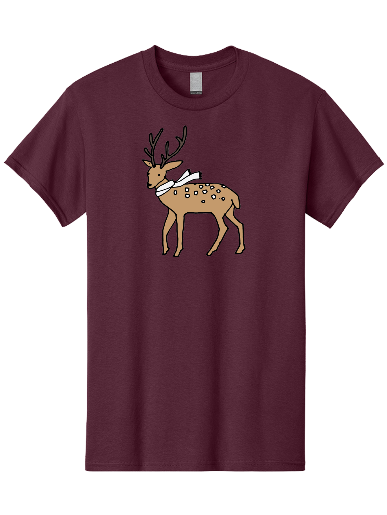 Deer-With-Scarf Men'S Graphic Tee, 100% Cotton, Comfortable Casual Summer Wear, Machine Washable, Cartoon Deer, Brown Deer, White Scarf, Black Spots, Festive Animal, Winter Illustration, Holiday Character, Deer Illustration, Scarf Wrapped, -  Aaa853 13