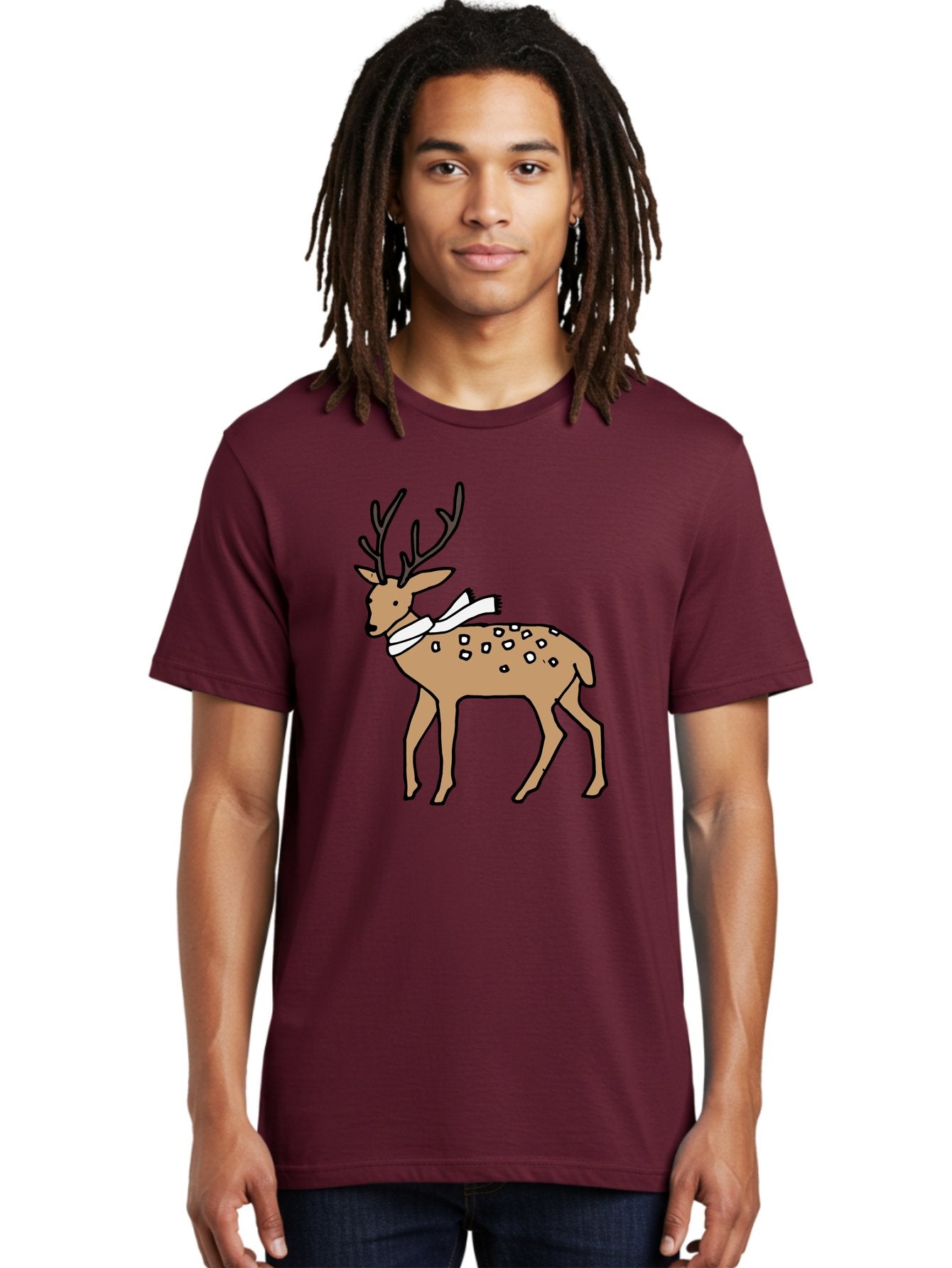 Deer-With-Scarf Men'S Graphic Tee, 100% Cotton, Comfortable Casual Summer Wear, Machine Washable, Cartoon Deer, Brown Deer, White Scarf, Black Spots, Festive Animal, Winter Illustration, Holiday Character, Deer Illustration, Scarf Wrapped, -  Aaa853 26