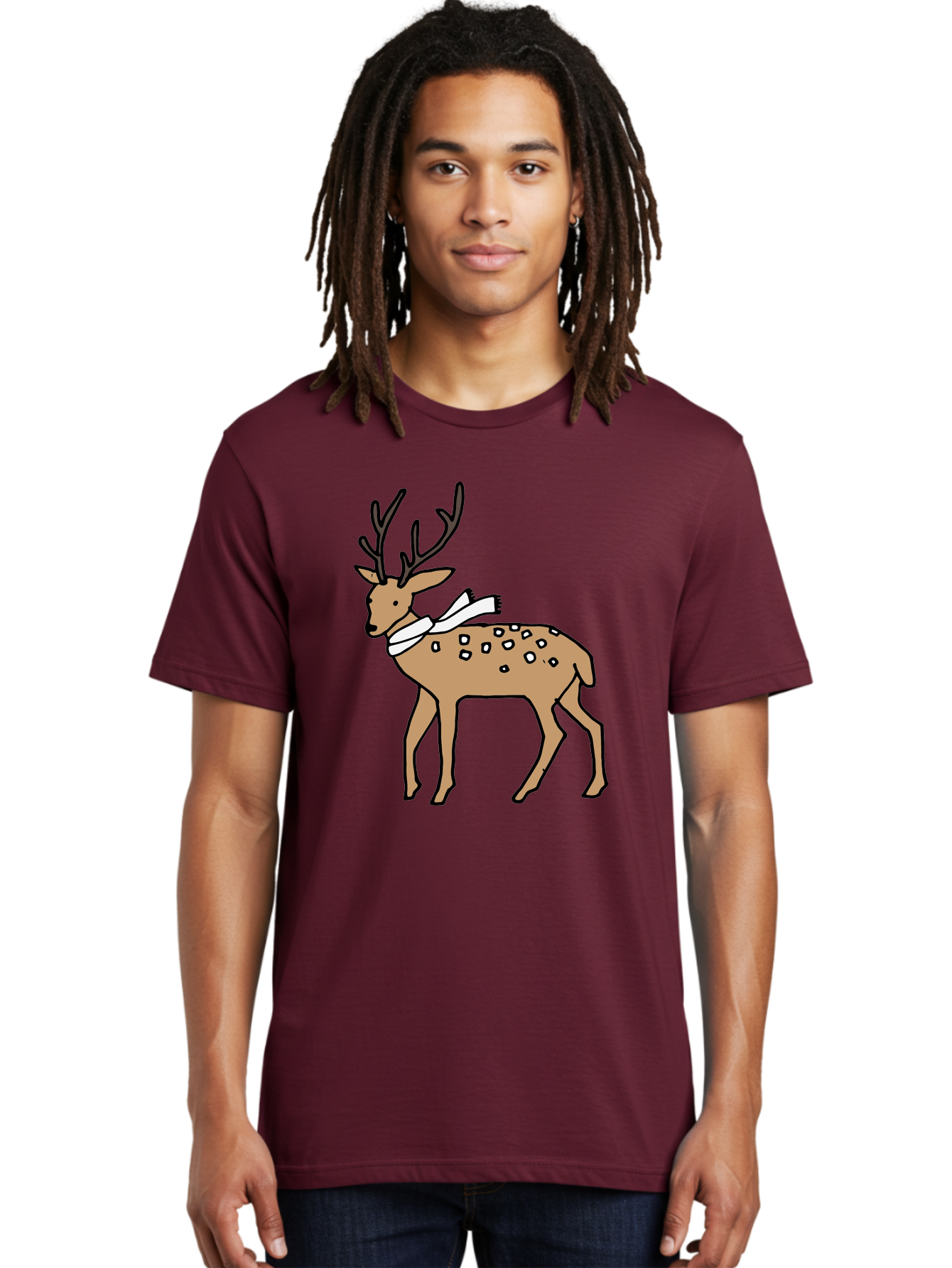 Deer-With-Scarf Men'S Graphic Tee, 100% Cotton, Comfortable Casual Summer Wear, Machine Washable, Cartoon Deer, Brown Deer, White Scarf, Black Spots, Festive Animal, Winter Illustration, Holiday Character, Deer Illustration, Scarf Wrapped, -  Aaa853 14