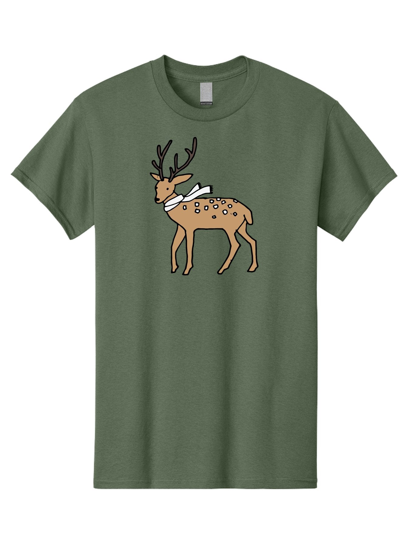 Deer-With-Scarf Men'S Graphic Tee, 100% Cotton, Comfortable Casual Summer Wear, Machine Washable, Cartoon Deer, Brown Deer, White Scarf, Black Spots, Festive Animal, Winter Illustration, Holiday Character, Deer Illustration, Scarf Wrapped, -  Aaa853 14