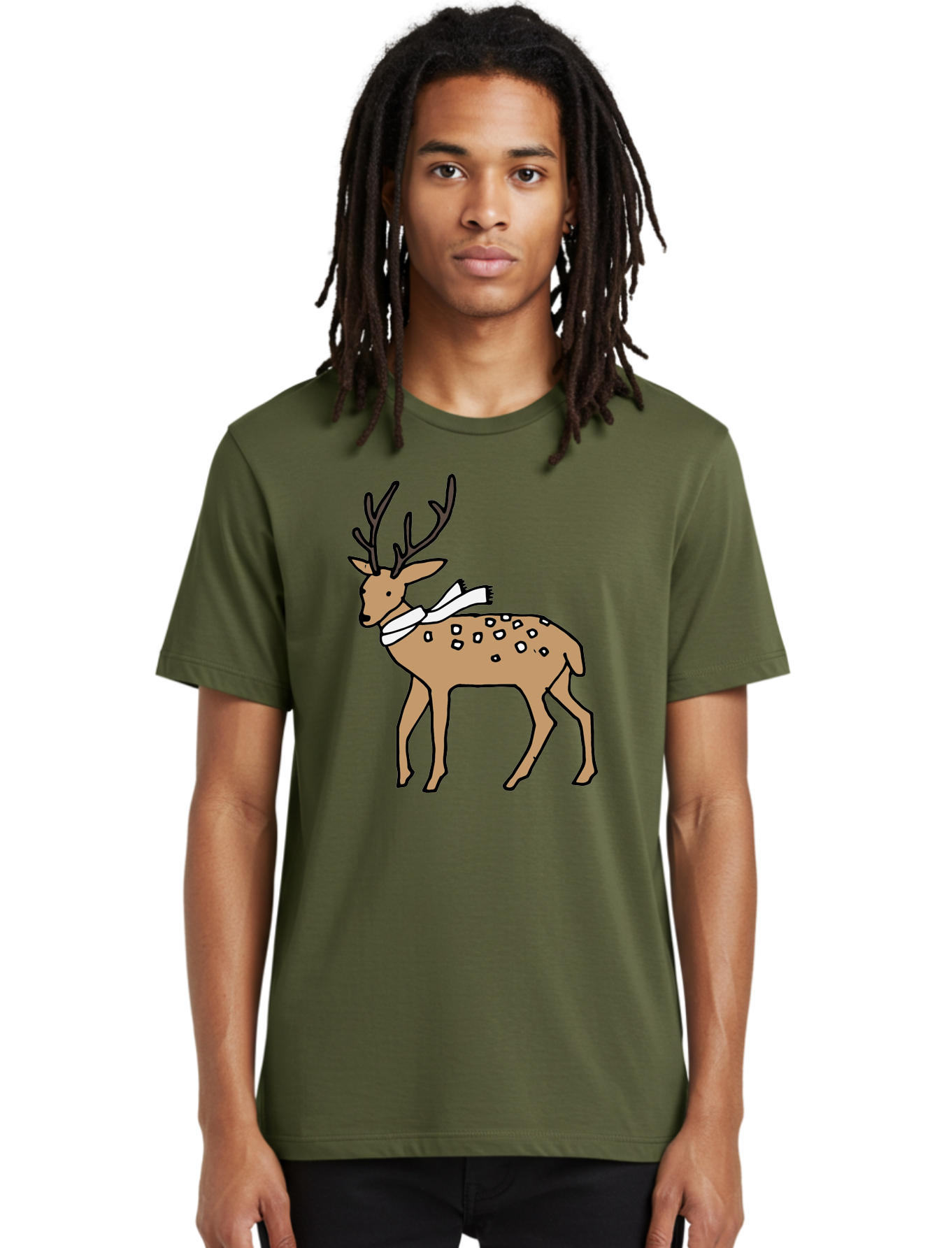 Deer-With-Scarf Men'S Graphic Tee, 100% Cotton, Comfortable Casual Summer Wear, Machine Washable, Cartoon Deer, Brown Deer, White Scarf, Black Spots, Festive Animal, Winter Illustration, Holiday Character, Deer Illustration, Scarf Wrapped, -  Aaa853 16