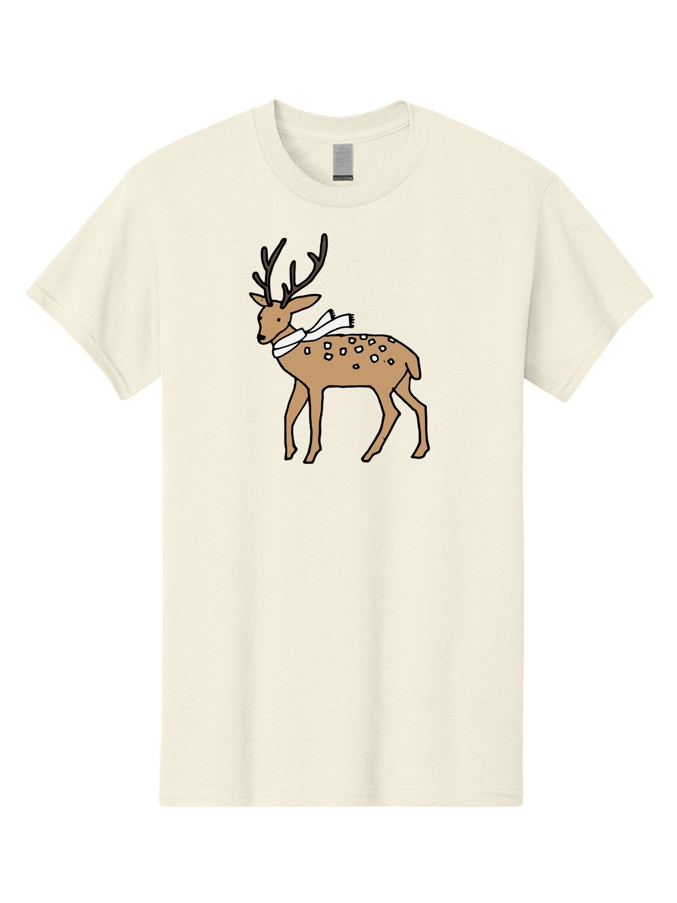 Deer-With-Scarf Men'S Graphic Tee, 100% Cotton, Comfortable Casual Summer Wear, Machine Washable, Cartoon Deer, Brown Deer, White Scarf, Black Spots, Festive Animal, Winter Illustration, Holiday Character, Deer Illustration, Scarf Wrapped, -  Aaa853 6
