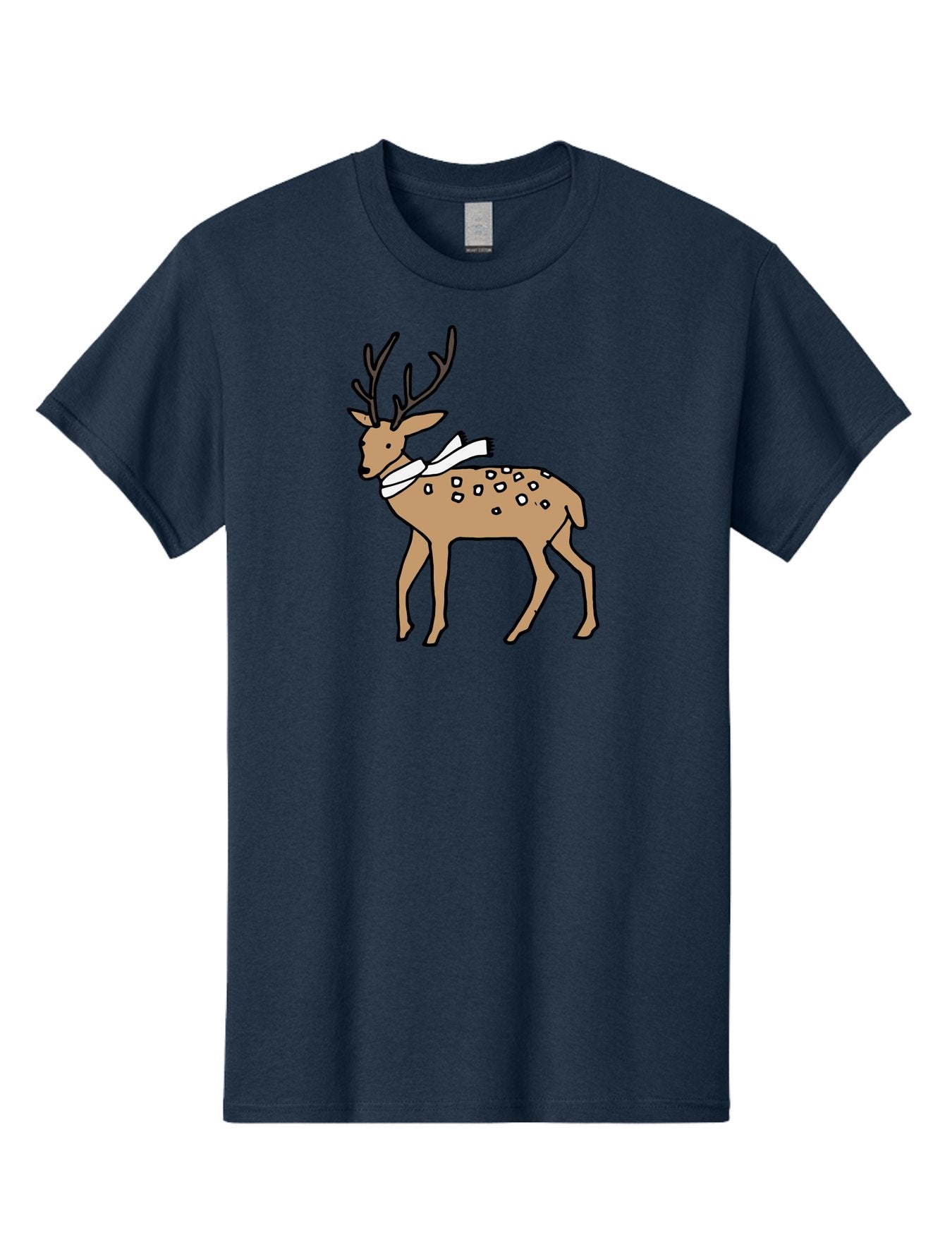 Deer-With-Scarf Men'S Graphic Tee, 100% Cotton, Comfortable Casual Summer Wear, Machine Washable, Cartoon Deer, Brown Deer, White Scarf, Black Spots, Festive Animal, Winter Illustration, Holiday Character, Deer Illustration, Scarf Wrapped, -  Aaa853 3