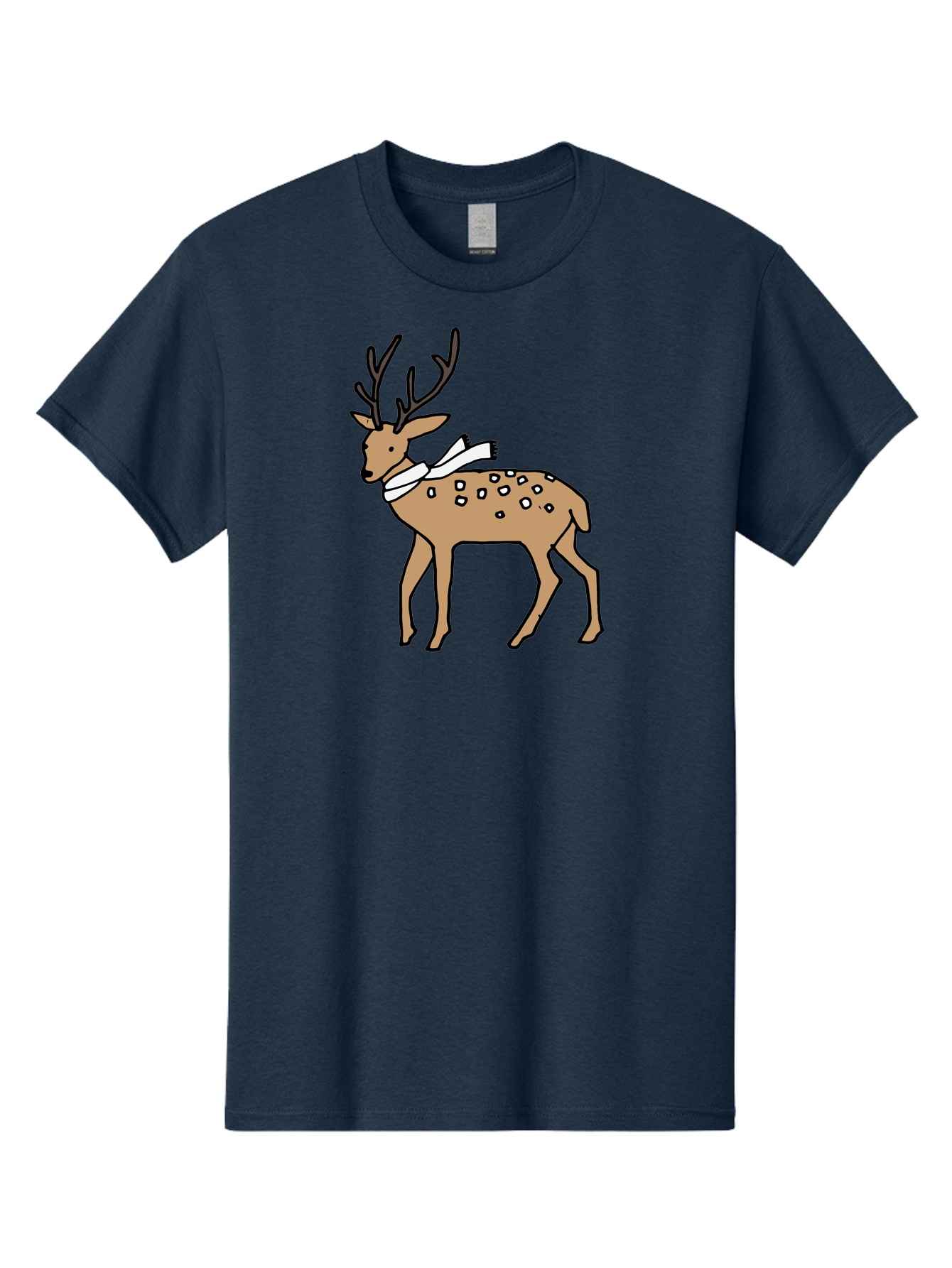 Deer-With-Scarf Men'S Graphic Tee, 100% Cotton, Comfortable Casual Summer Wear, Machine Washable, Cartoon Deer, Brown Deer, White Scarf, Black Spots, Festive Animal, Winter Illustration, Holiday Character, Deer Illustration, Scarf Wrapped, -  Aaa853 19