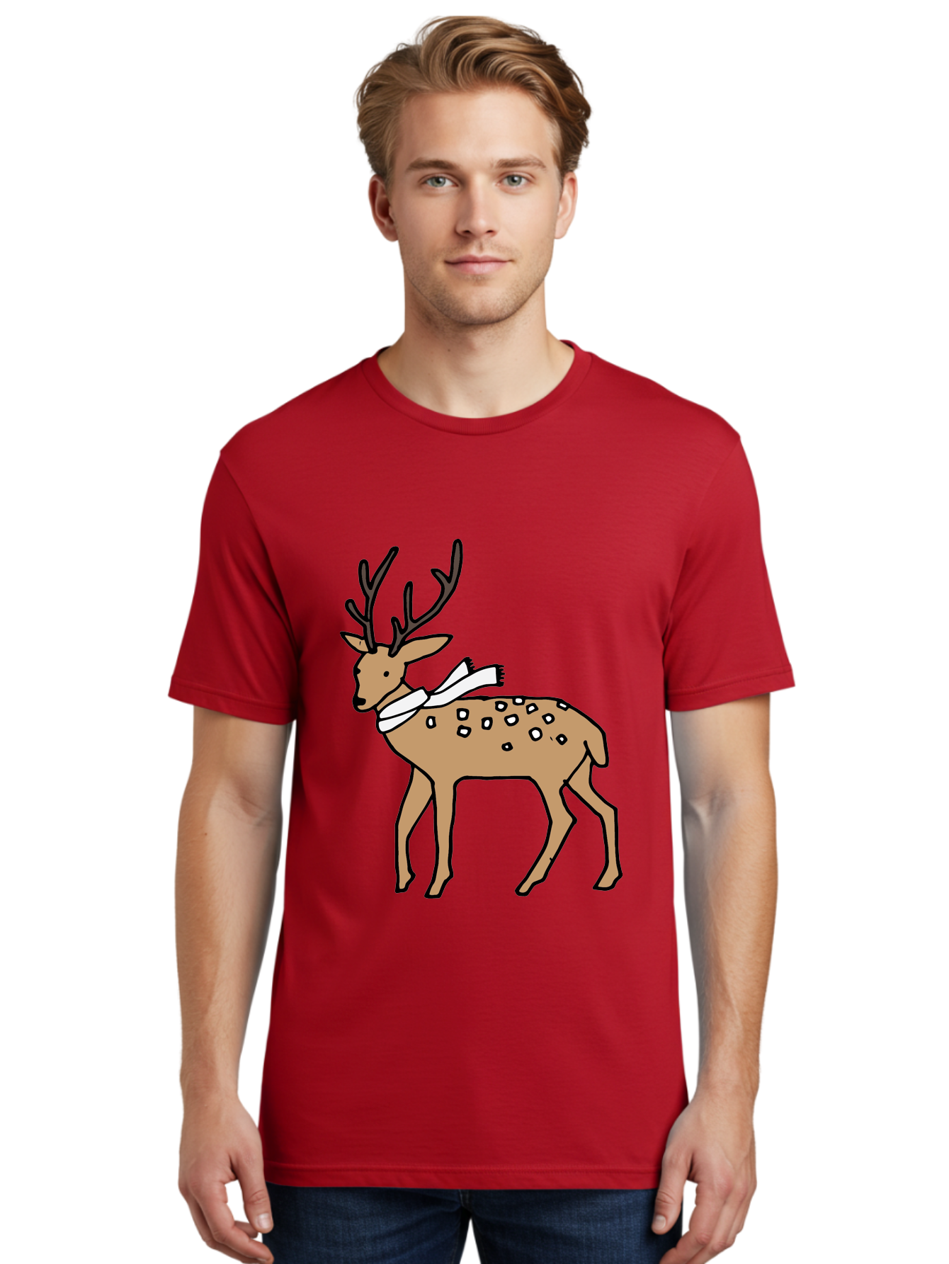 Deer-With-Scarf Men'S Graphic Tee, 100% Cotton, Comfortable Casual Summer Wear, Machine Washable, Cartoon Deer, Brown Deer, White Scarf, Black Spots, Festive Animal, Winter Illustration, Holiday Character, Deer Illustration, Scarf Wrapped, -  Aaa853 24