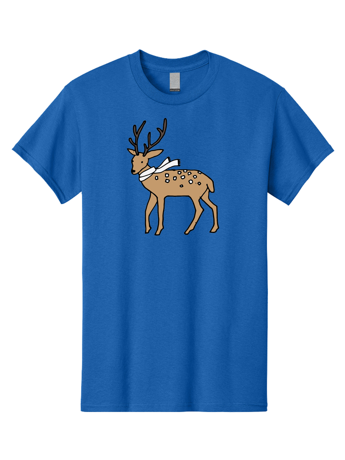 Deer-With-Scarf Men'S Graphic Tee, 100% Cotton, Comfortable Casual Summer Wear, Machine Washable, Cartoon Deer, Brown Deer, White Scarf, Black Spots, Festive Animal, Winter Illustration, Holiday Character, Deer Illustration, Scarf Wrapped, -  Aaa853 25