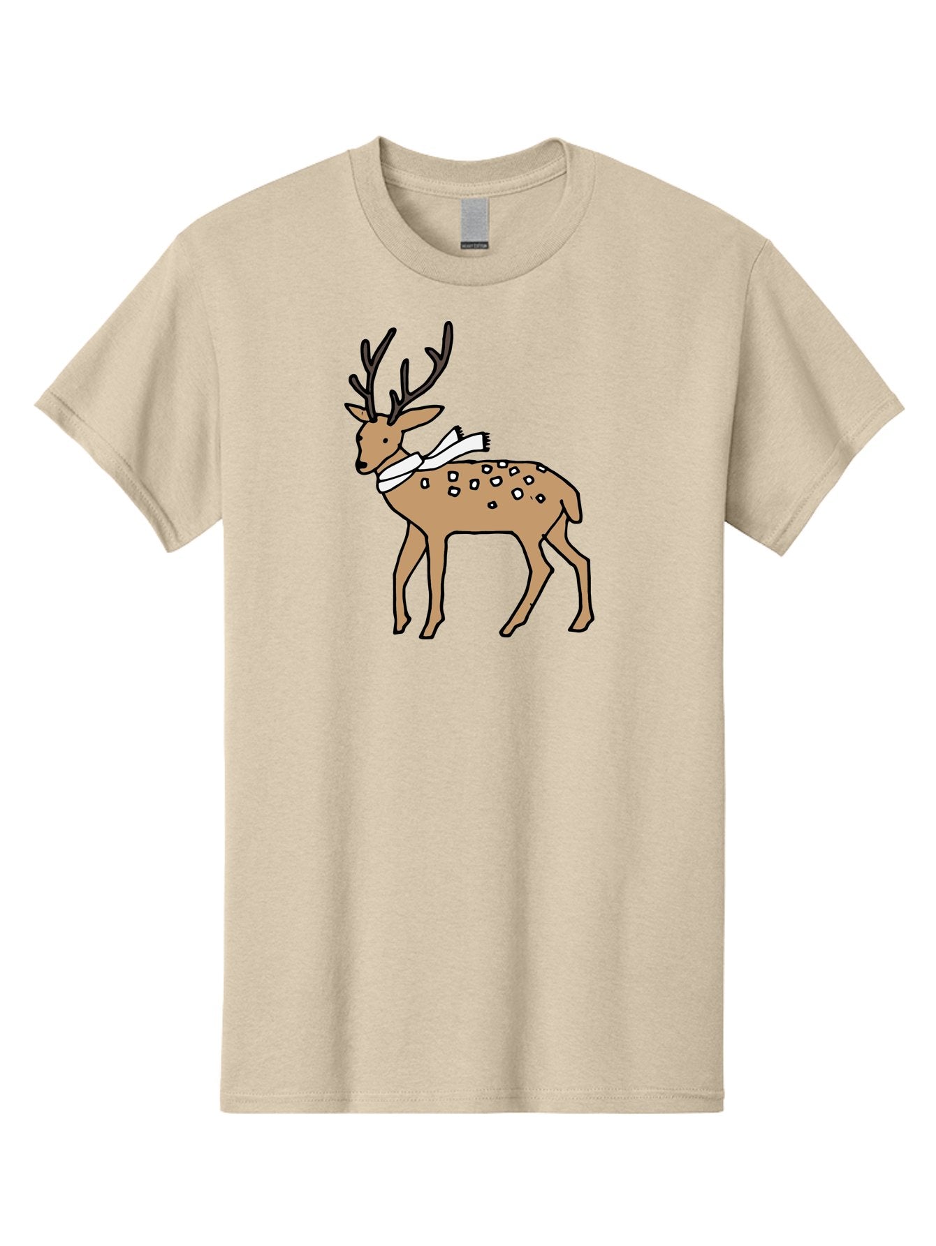 Deer-With-Scarf Men'S Graphic Tee, 100% Cotton, Comfortable Casual Summer Wear, Machine Washable, Cartoon Deer, Brown Deer, White Scarf, Black Spots, Festive Animal, Winter Illustration, Holiday Character, Deer Illustration, Scarf Wrapped, -  Aaa853 7