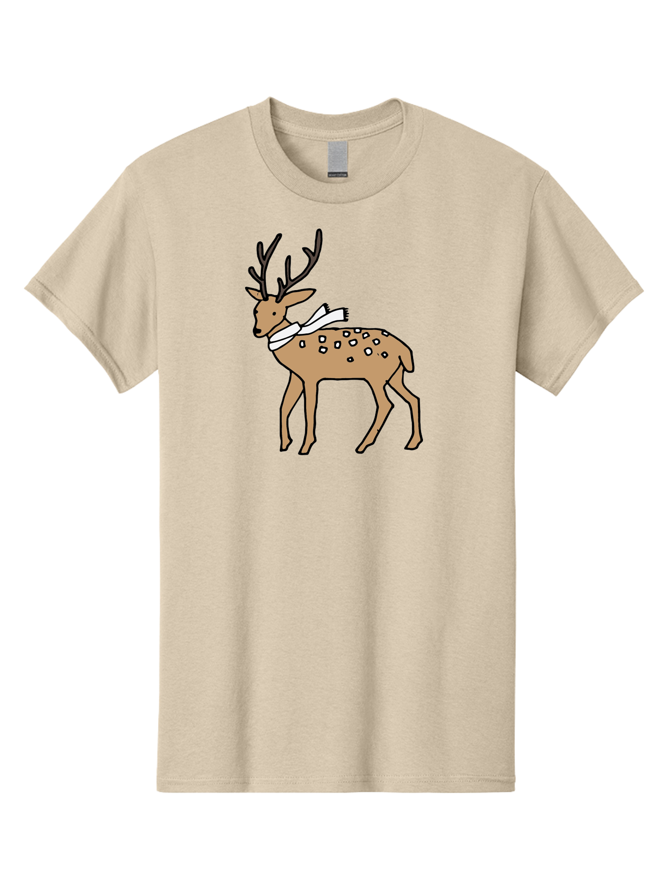 Deer-With-Scarf Men'S Graphic Tee, 100% Cotton, Comfortable Casual Summer Wear, Machine Washable, Cartoon Deer, Brown Deer, White Scarf, Black Spots, Festive Animal, Winter Illustration, Holiday Character, Deer Illustration, Scarf Wrapped, -  Aaa853 27