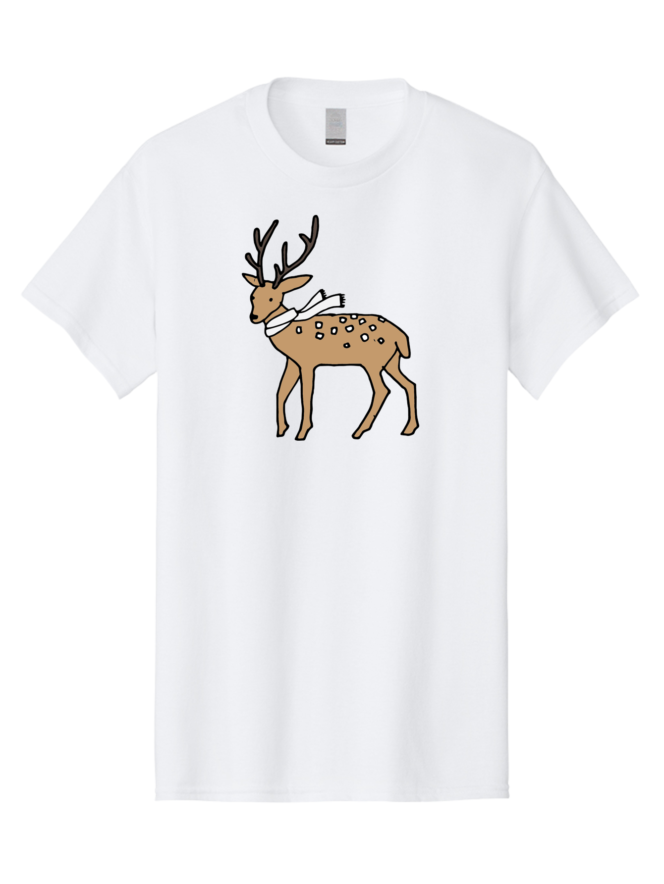 Deer-With-Scarf Men'S Graphic Tee, 100% Cotton, Comfortable Casual Summer Wear, Machine Washable, Cartoon Deer, Brown Deer, White Scarf, Black Spots, Festive Animal, Winter Illustration, Holiday Character, Deer Illustration, Scarf Wrapped, -  Aaa853 29