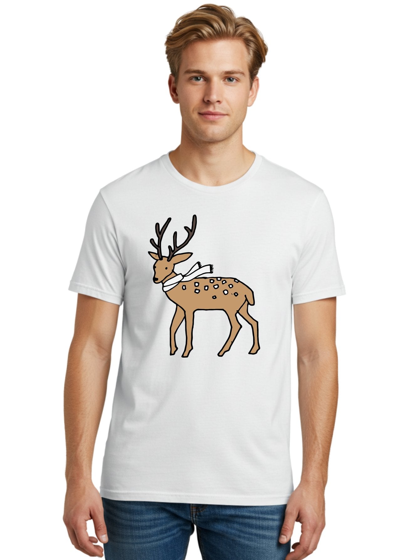 Deer-With-Scarf Men'S Graphic Tee, 100% Cotton, Comfortable Casual Summer Wear, Machine Washable, Cartoon Deer, Brown Deer, White Scarf, Black Spots, Festive Animal, Winter Illustration, Holiday Character, Deer Illustration, Scarf Wrapped, -  Aaa853 28