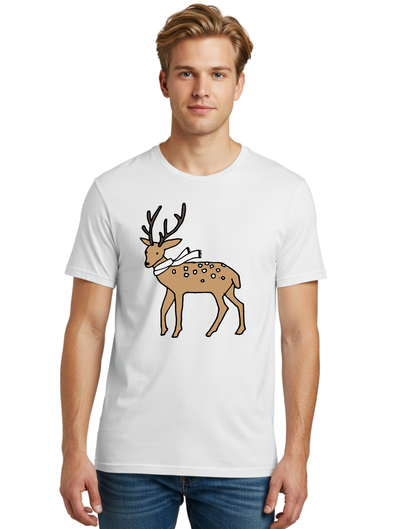 Deer-With-Scarf Men'S Graphic Tee, 100% Cotton, Comfortable Casual Summer Wear, Machine Washable, Cartoon Deer, Brown Deer, White Scarf, Black Spots, Festive Animal, Winter Illustration, Holiday Character, Deer Illustration, Scarf Wrapped, -  Aaa853 30