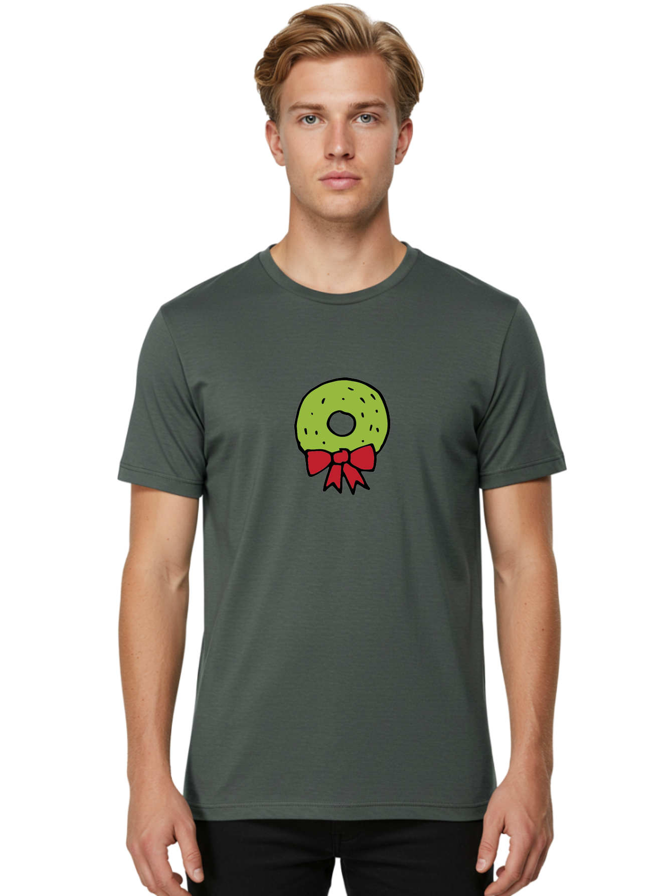 Donut-With-Red-Bow Men'S Graphic Tee, 100% Cotton, Comfortable Casual Summer Wear, Machine Washable, Cartoon Donut, Sweet Treat, Red Bow, Black Outline, Green Frosting, Pop Art Style, Fun Illustration, Tasty Pastry, Creative Artwork -  Aaa861 4