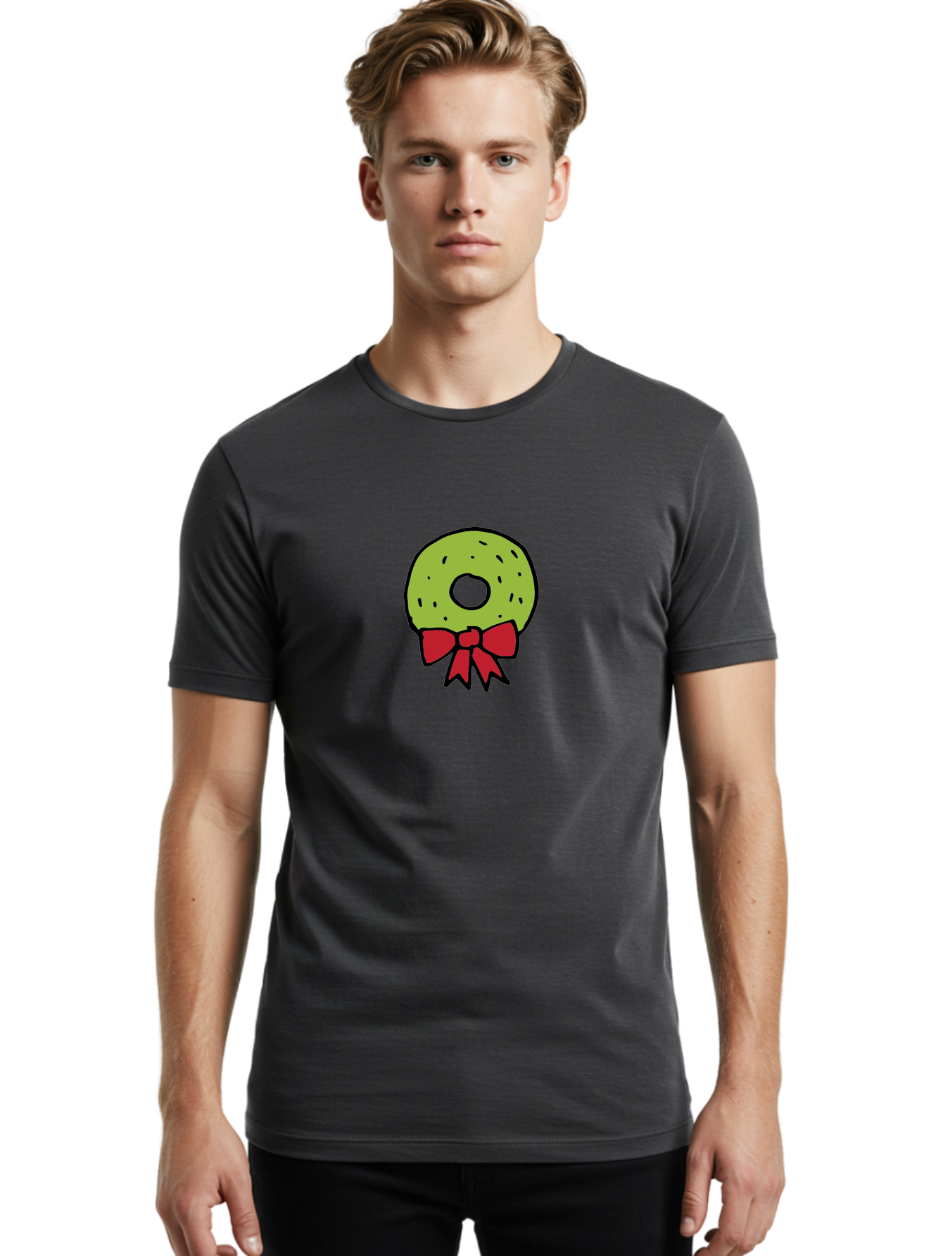 Donut-With-Red-Bow Men'S Graphic Tee, 100% Cotton, Comfortable Casual Summer Wear, Machine Washable, Cartoon Donut, Sweet Treat, Red Bow, Black Outline, Green Frosting, Pop Art Style, Fun Illustration, Tasty Pastry, Creative Artwork -  Aaa861 8