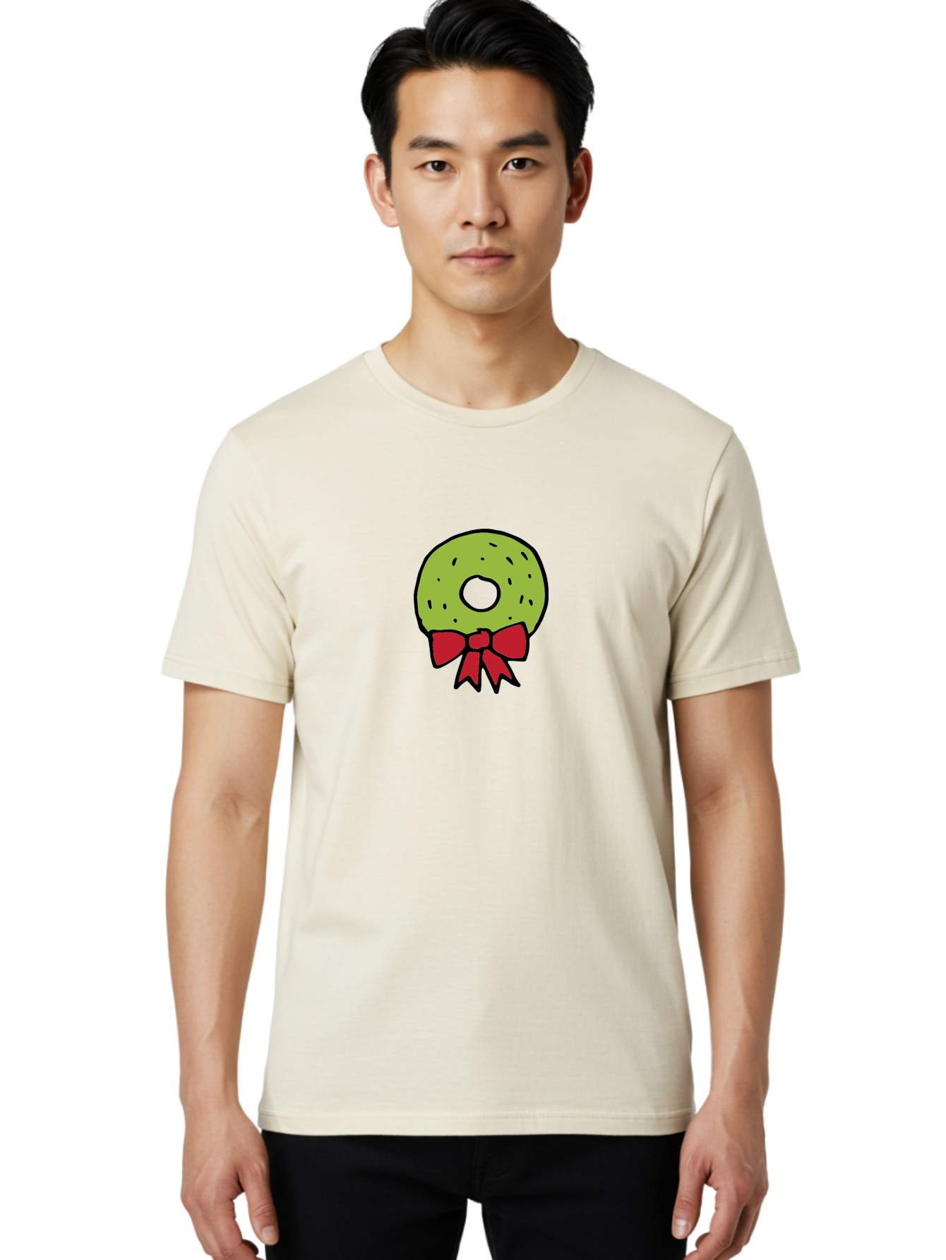 Donut-With-Red-Bow Men'S Graphic Tee, 100% Cotton, Comfortable Casual Summer Wear, Machine Washable, Cartoon Donut, Sweet Treat, Red Bow, Black Outline, Green Frosting, Pop Art Style, Fun Illustration, Tasty Pastry, Creative Artwork -  Aaa861 18