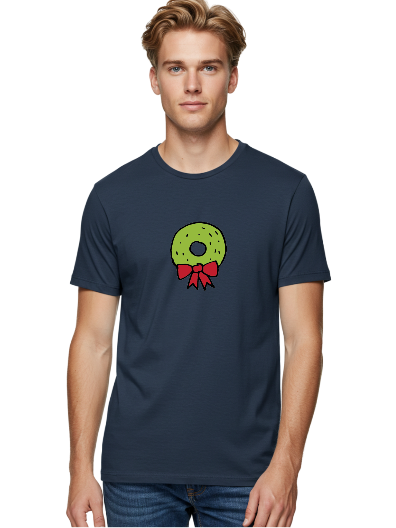 Donut-With-Red-Bow Men'S Graphic Tee, 100% Cotton, Comfortable Casual Summer Wear, Machine Washable, Cartoon Donut, Sweet Treat, Red Bow, Black Outline, Green Frosting, Pop Art Style, Fun Illustration, Tasty Pastry, Creative Artwork -  Aaa861 20