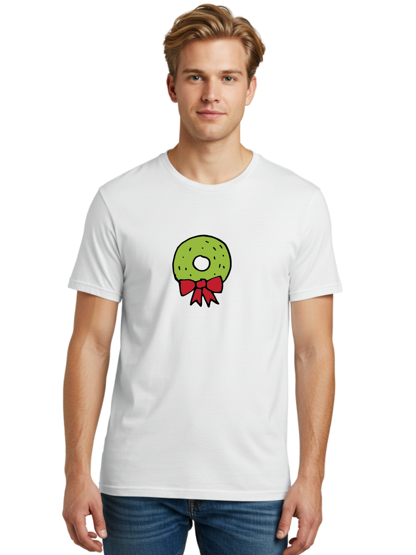 Donut-With-Red-Bow Men'S Graphic Tee, 100% Cotton, Comfortable Casual Summer Wear, Machine Washable, Cartoon Donut, Sweet Treat, Red Bow, Black Outline, Green Frosting, Pop Art Style, Fun Illustration, Tasty Pastry, Creative Artwork -  Aaa861 30