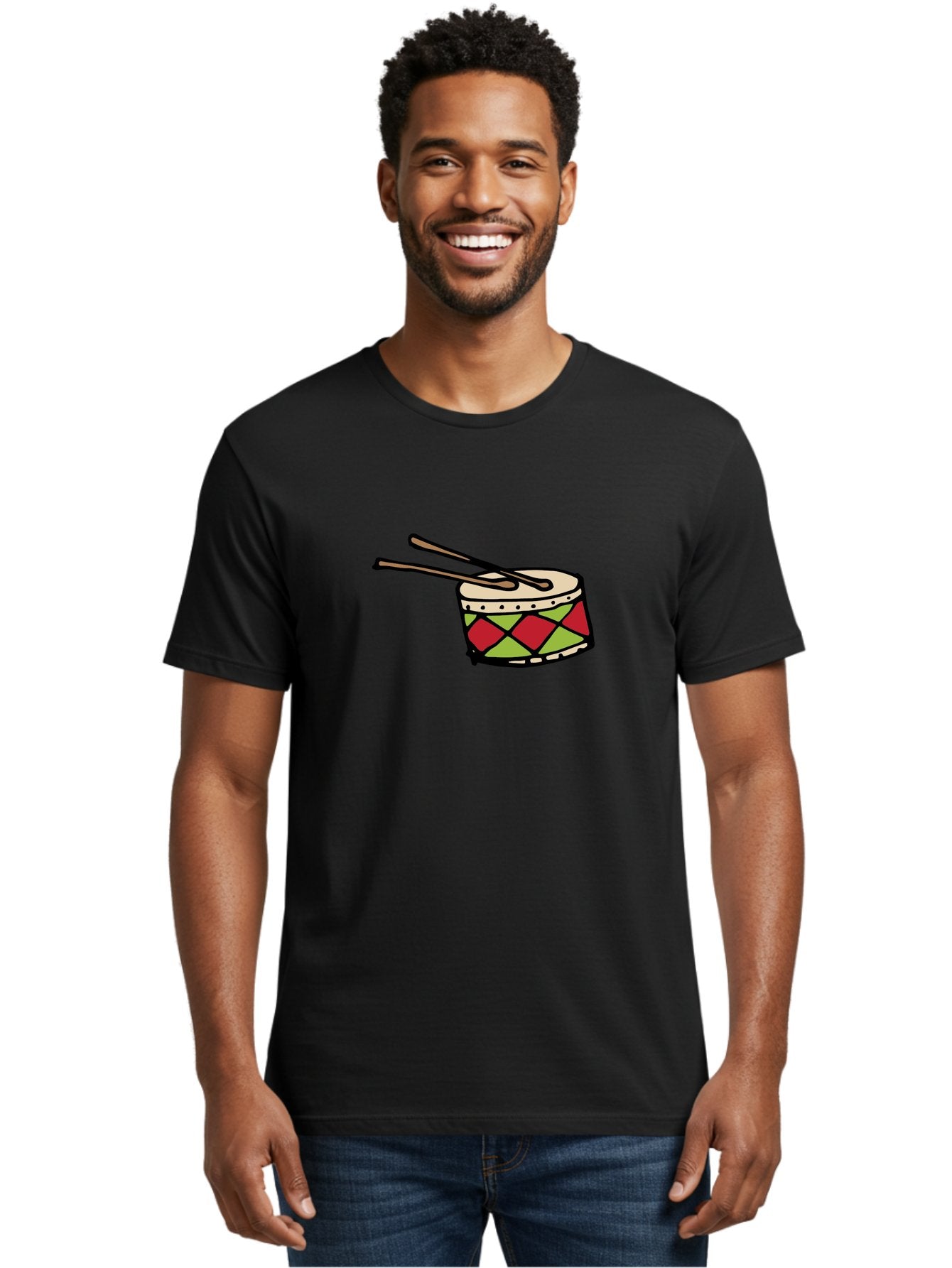 Drum-With-Drumsticks Men'S Graphic Tee, 100% Cotton, Comfortable Casual Summer Wear, Machine Washable, Drum With Drumsticks, Percussion Instrument, Music, Rhythm, Red And Green Design, Drumming, Musical Instrument -  Aaa865 22