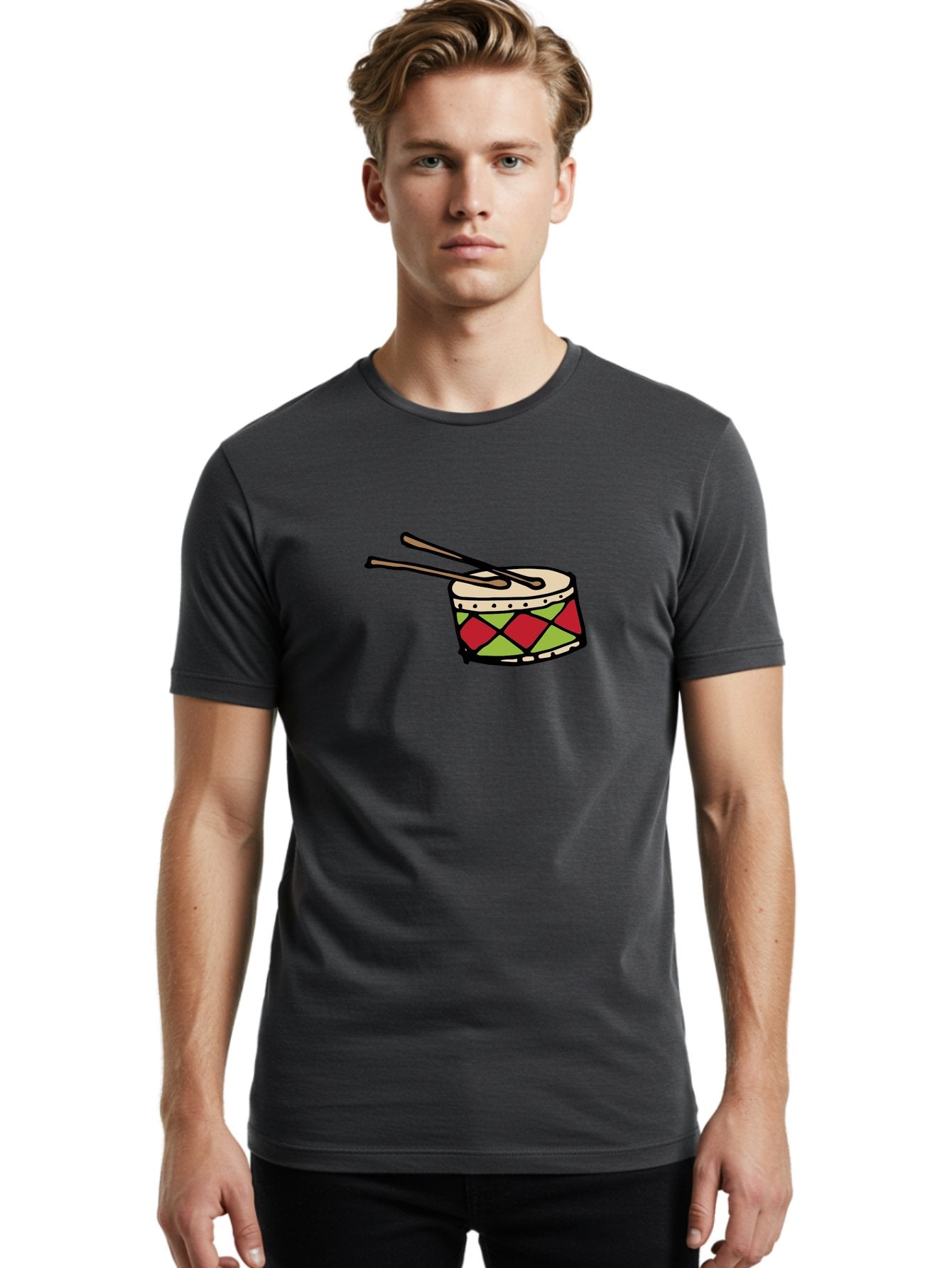 Drum-With-Drumsticks Men'S Graphic Tee, 100% Cotton, Comfortable Casual Summer Wear, Machine Washable, Drum With Drumsticks, Percussion Instrument, Music, Rhythm, Red And Green Design, Drumming, Musical Instrument -  Aaa865 17