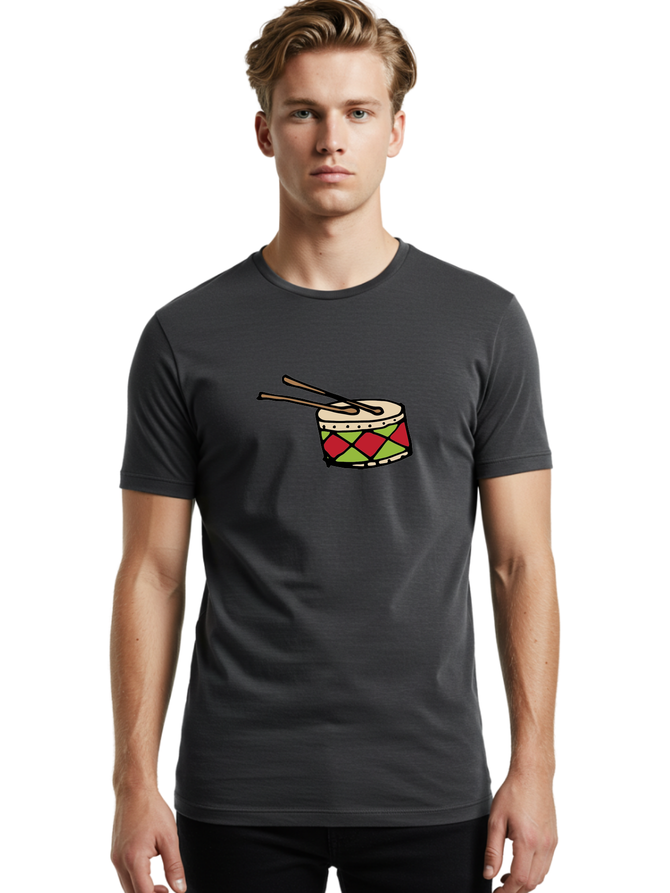 Drum-With-Drumsticks Men'S Graphic Tee, 100% Cotton, Comfortable Casual Summer Wear, Machine Washable, Drum With Drumsticks, Percussion Instrument, Music, Rhythm, Red And Green Design, Drumming, Musical Instrument -  Aaa865 8