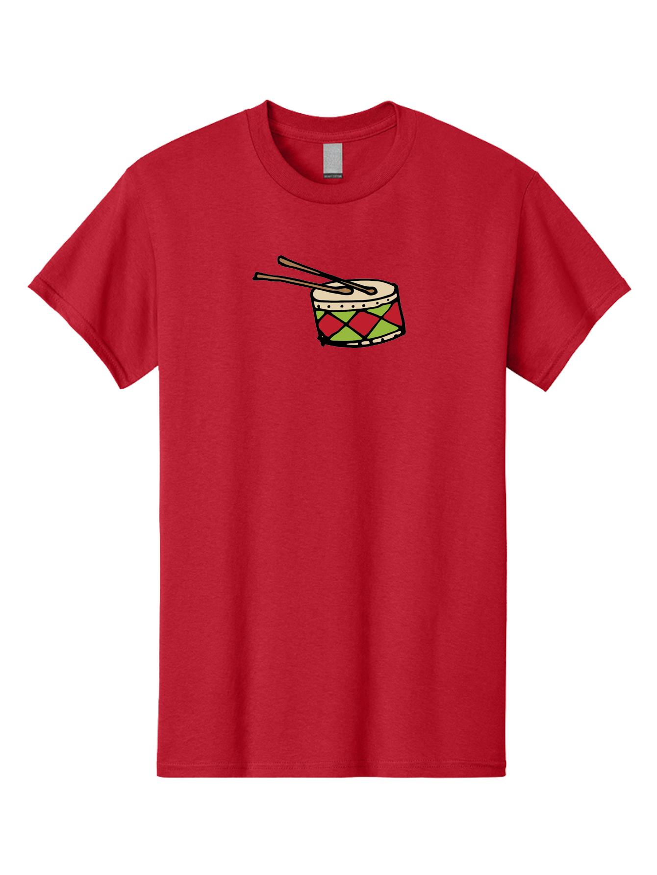 Drum-With-Drumsticks Men'S Graphic Tee, 100% Cotton, Comfortable Casual Summer Wear, Machine Washable, Drum With Drumsticks, Percussion Instrument, Music, Rhythm, Red And Green Design, Drumming, Musical Instrument -  Aaa865 23
