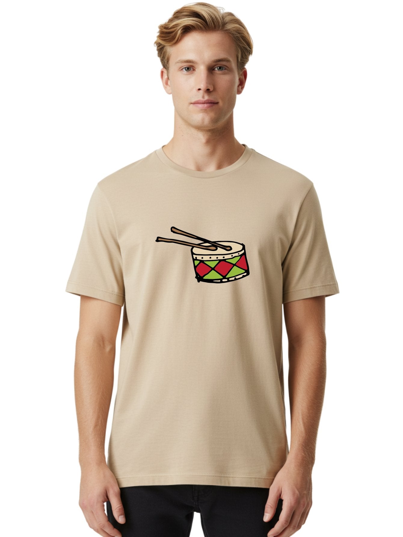 Drum-With-Drumsticks Men'S Graphic Tee, 100% Cotton, Comfortable Casual Summer Wear, Machine Washable, Drum With Drumsticks, Percussion Instrument, Music, Rhythm, Red And Green Design, Drumming, Musical Instrument -  Aaa865 18