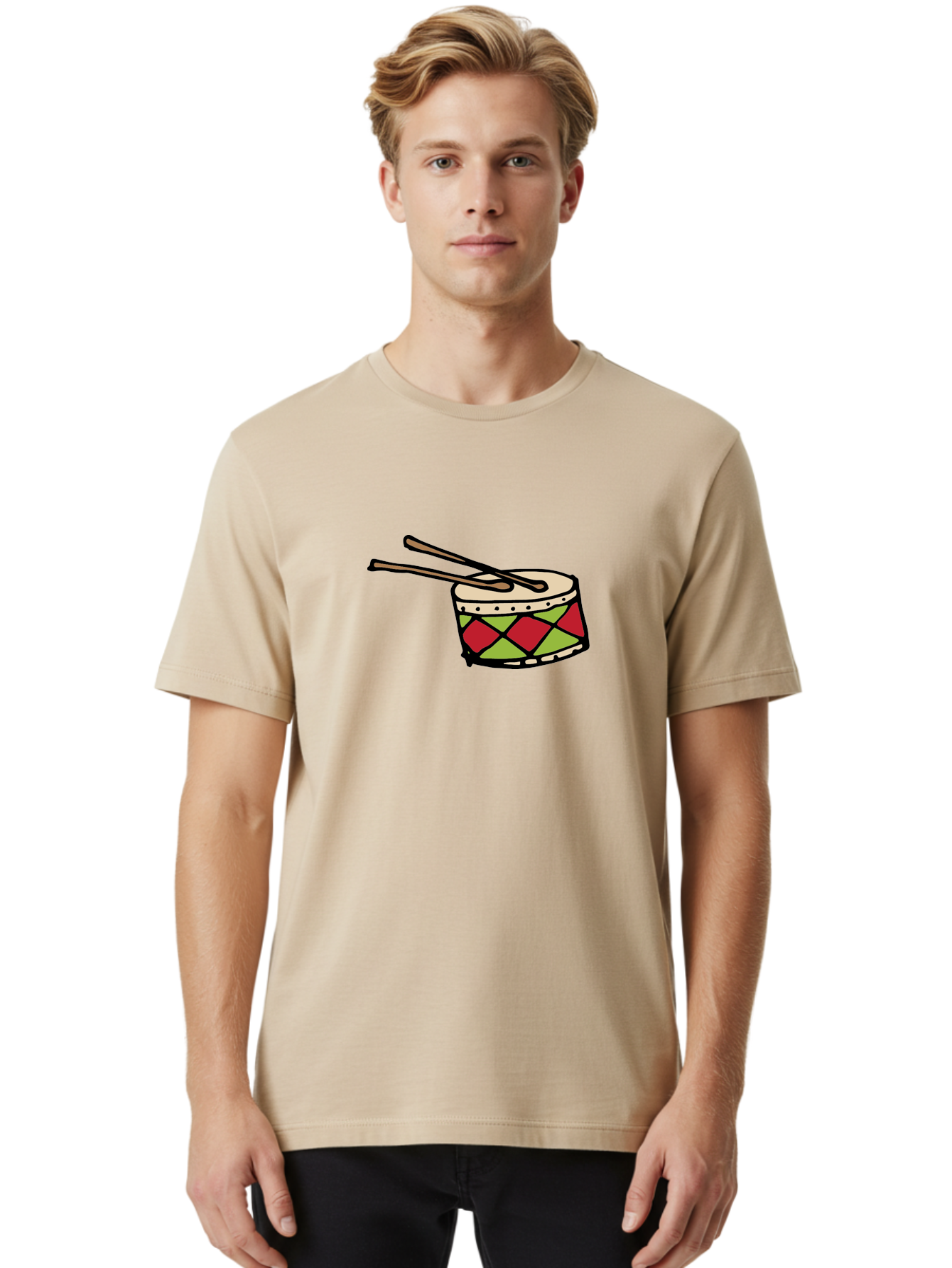 Drum-With-Drumsticks Men'S Graphic Tee, 100% Cotton, Comfortable Casual Summer Wear, Machine Washable, Drum With Drumsticks, Percussion Instrument, Music, Rhythm, Red And Green Design, Drumming, Musical Instrument -  Aaa865 28
