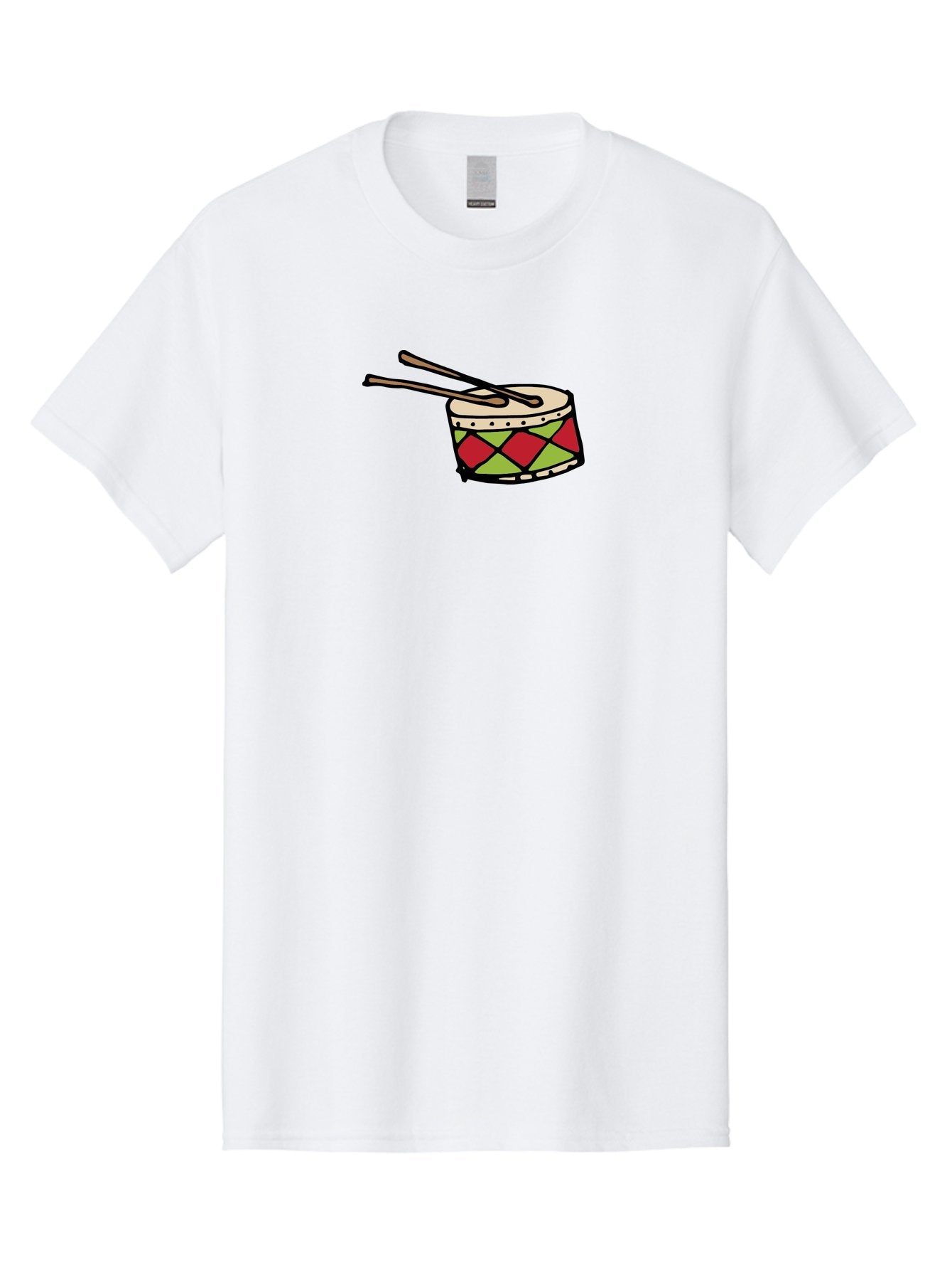 Drum-With-Drumsticks Men'S Graphic Tee, 100% Cotton, Comfortable Casual Summer Wear, Machine Washable, Drum With Drumsticks, Percussion Instrument, Music, Rhythm, Red And Green Design, Drumming, Musical Instrument -  Aaa865