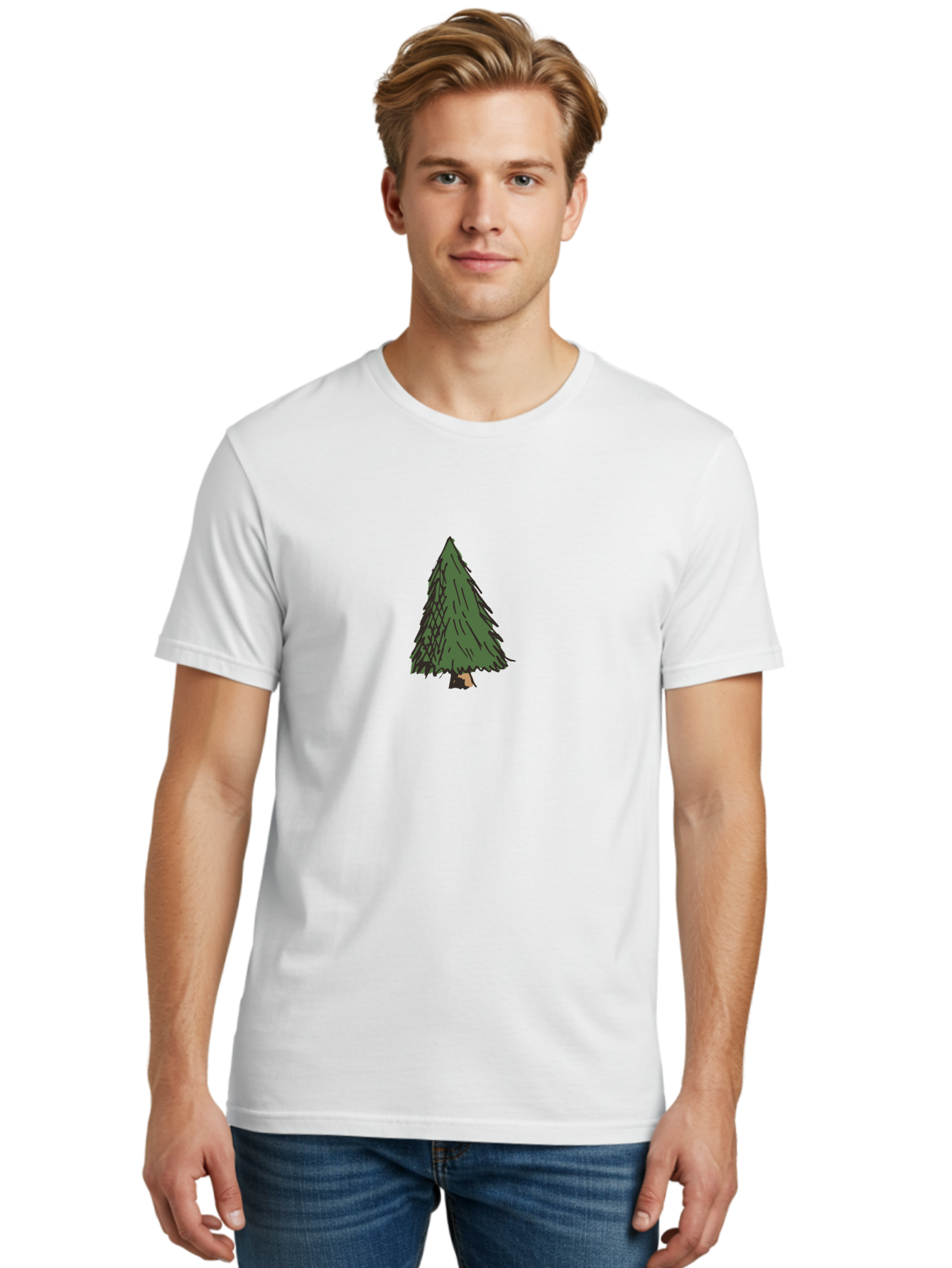 Evergreen-Tree Men'S Graphic Tee, 100% Cotton, Comfortable Casual Summer Wear, Machine Washable, Evergreen Tree, Simple Illustration, Cartoon Style, Conical Shape, Dark Green Foliage, Brown Trunk, Minimalist Design, Digital Art, -  Aaa870 30
