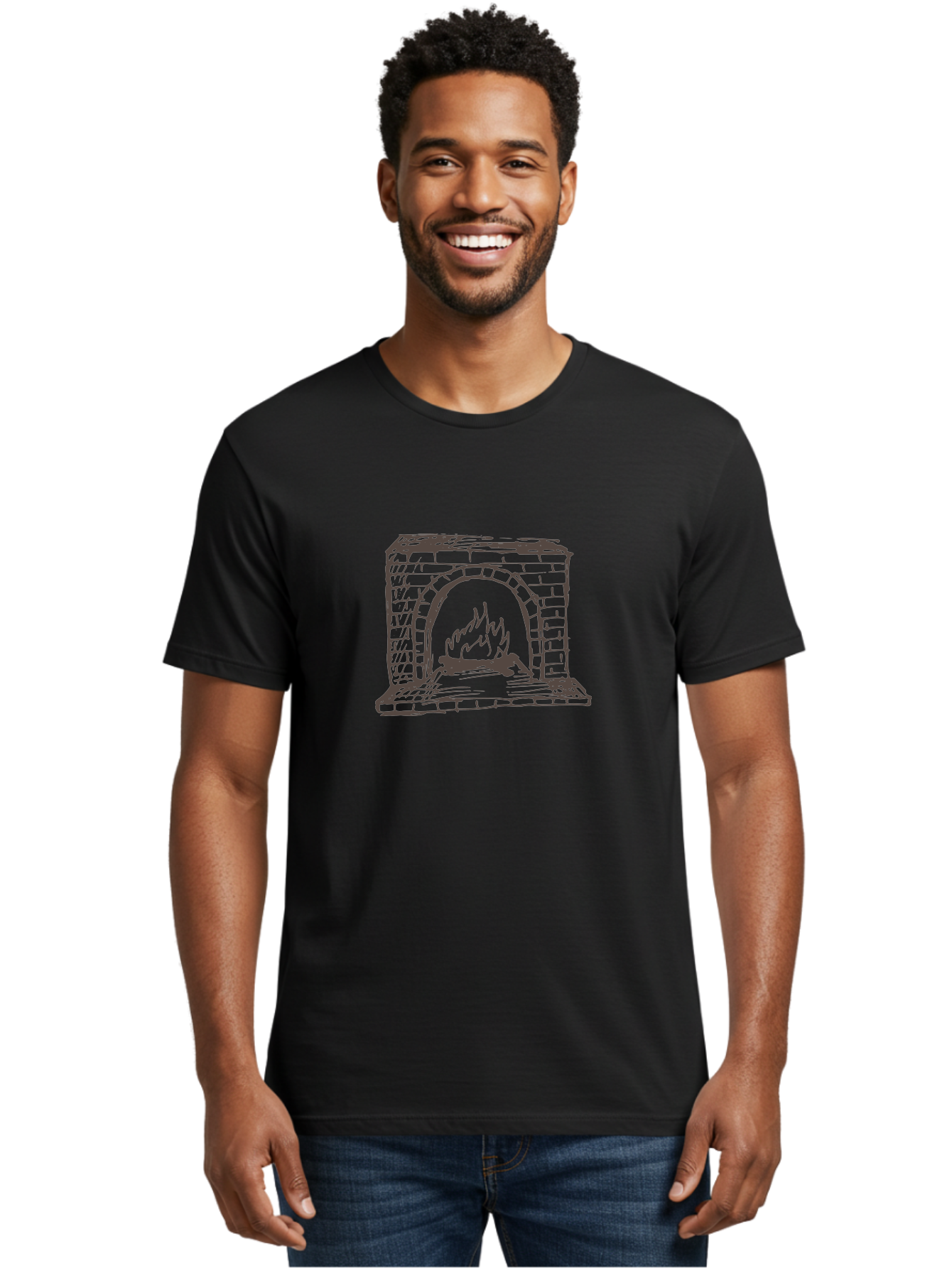 Fireplace Men'S Graphic Tee, 100% Cotton, Comfortable Casual Summer Wear, Machine Washable, Fireplace With Burning Fire, Brick Structure, Cozy Ambiance, Warm Flames, Crackling Fire, Sketchy Illustration, Simple Design, -  Aaa880