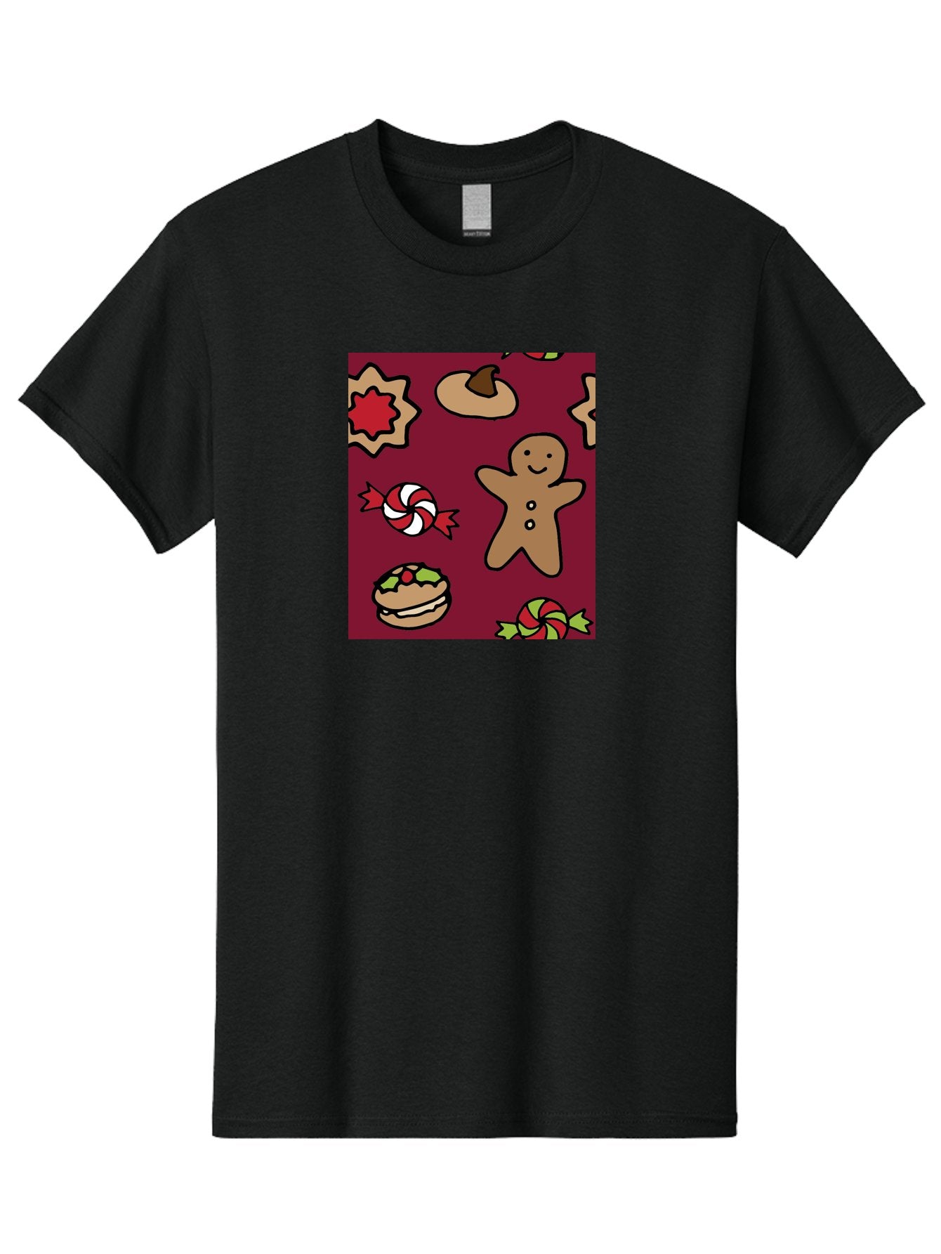 Gingerbread-Man Men'S Graphic Tee, 100% Cotton, Comfortable Casual Summer Wear, Machine Washable, Gingerbread Man, Christmas Sweets, Candies, Cookies, Festive Treats, Holiday Delights, Red And White Swirls, Christmas Cookies, -  Aaa903 5