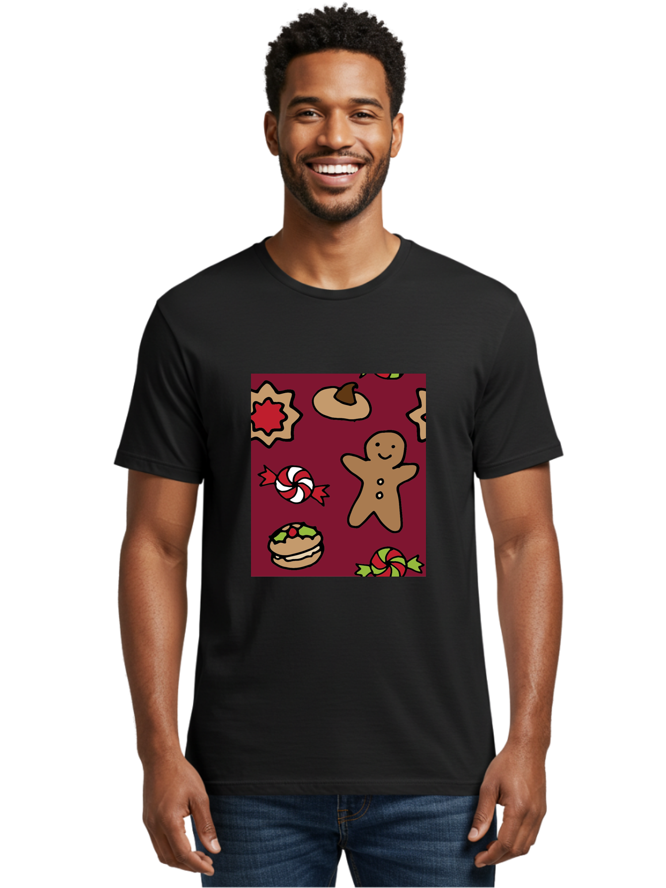 Gingerbread-Man Men'S Graphic Tee, 100% Cotton, Comfortable Casual Summer Wear, Machine Washable, Gingerbread Man, Christmas Sweets, Candies, Cookies, Festive Treats, Holiday Delights, Red And White Swirls, Christmas Cookies, -  Aaa903 30