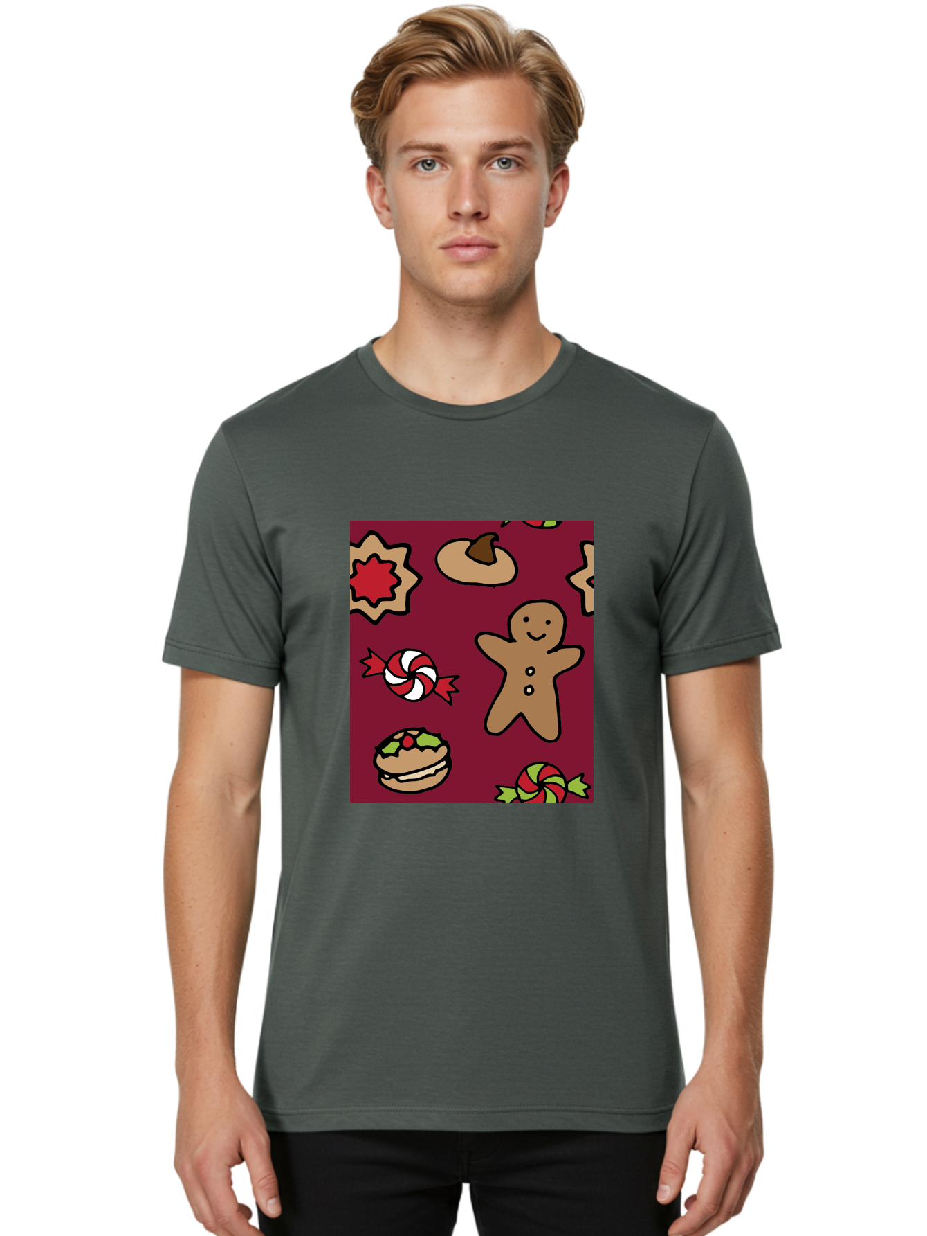 Gingerbread-Man Men'S Graphic Tee, 100% Cotton, Comfortable Casual Summer Wear, Machine Washable, Gingerbread Man, Christmas Sweets, Candies, Cookies, Festive Treats, Holiday Delights, Red And White Swirls, Christmas Cookies, -  Aaa903 10