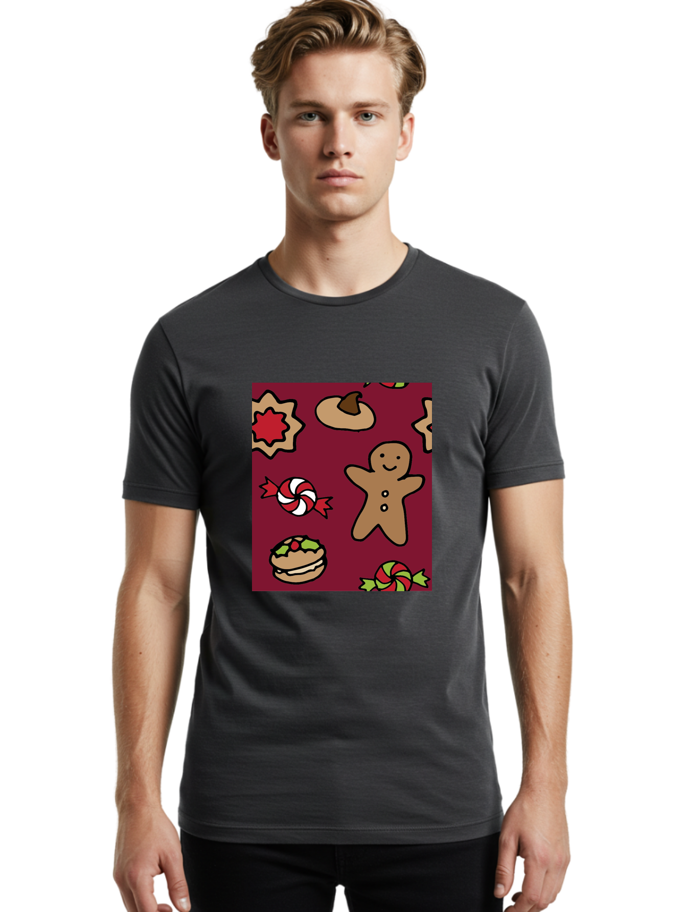 Gingerbread-Man Men'S Graphic Tee, 100% Cotton, Comfortable Casual Summer Wear, Machine Washable, Gingerbread Man, Christmas Sweets, Candies, Cookies, Festive Treats, Holiday Delights, Red And White Swirls, Christmas Cookies, -  Aaa903 16
